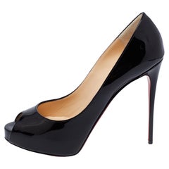 Used Christian Louboutin Black Patent Leather Very Prive Peep-Toe Pumps Size 38.5