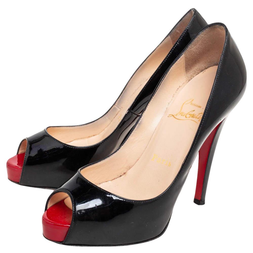 Glamorous and appealing in every detail, these Very Prive pumps from Christian Louboutin will certainly leave you looking mesmerized and spectacular. They are made from black patent leather and showcase peep-toes, platforms, and slender heels.