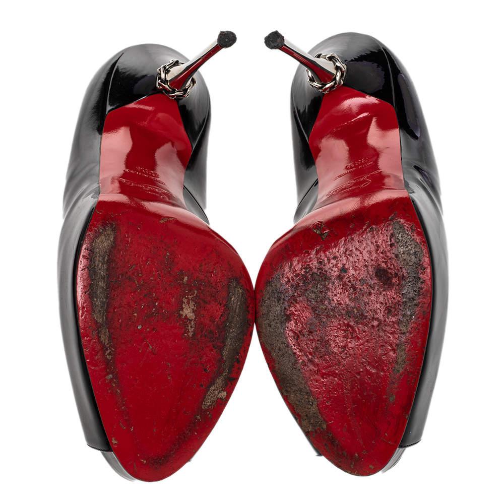 Christian Louboutin Black Patent Miss Desprez Chain Detail Peep Toe Size 38.5 For Sale 4
