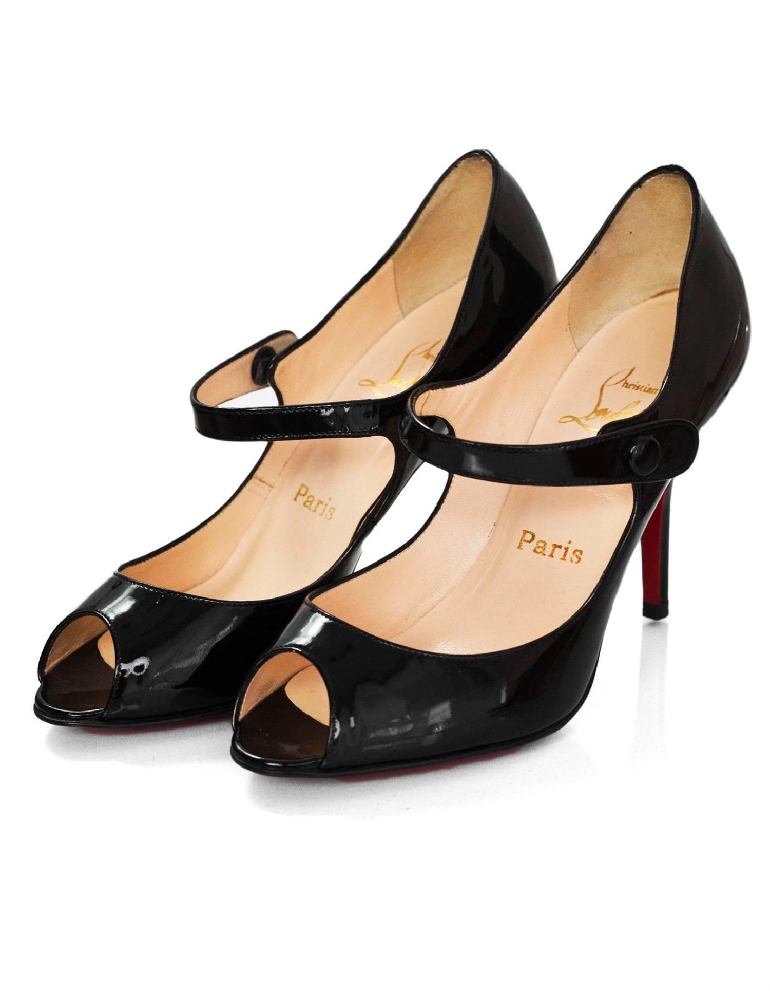 Christian Louboutin Black Patent Peep-Toe Jane Pumps Sz 35.5 For Sale at 1stDibs | louboutin jane peep toe, peep toe mary janes, peep toe mary jane heels