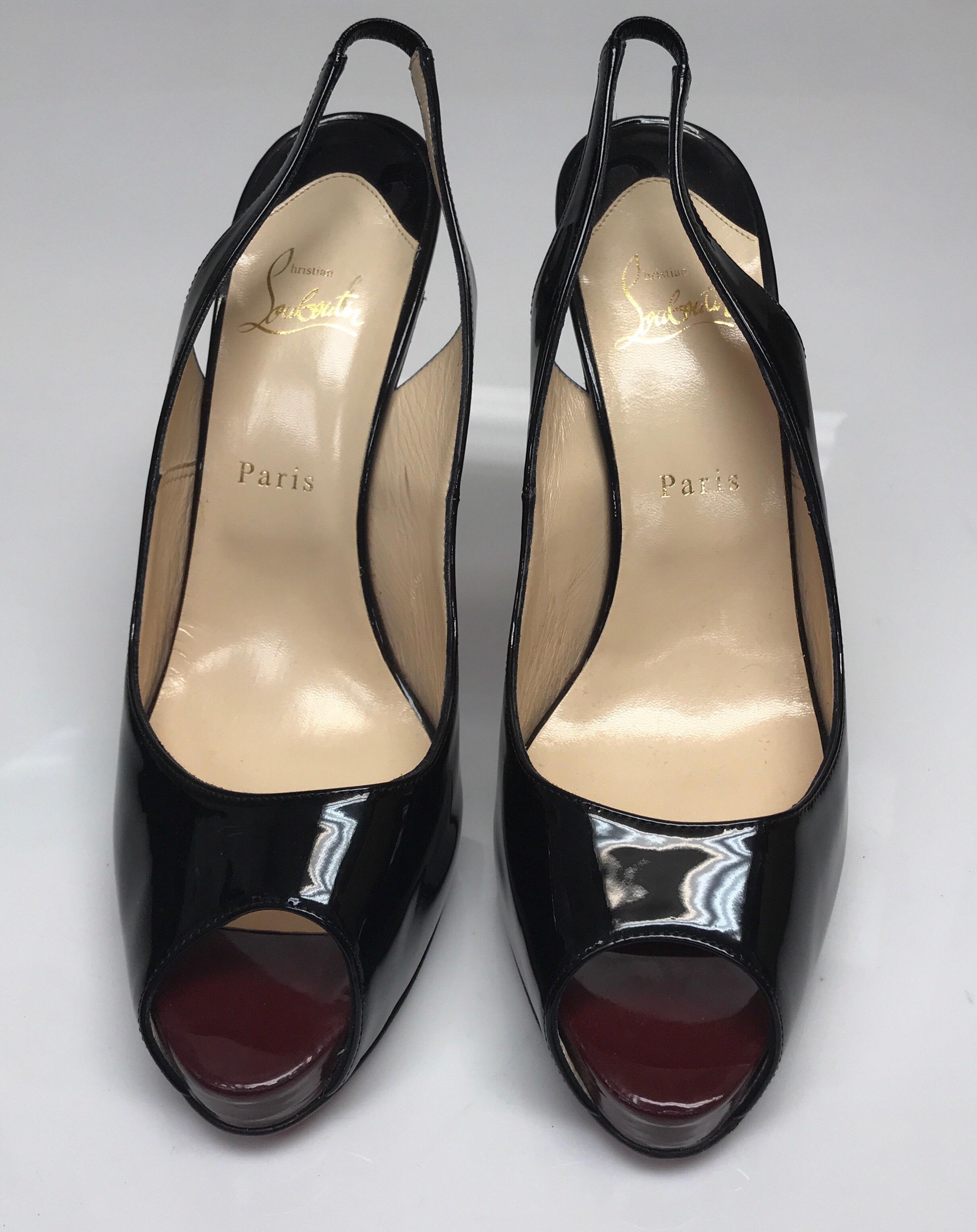 CHRISTIAN LOUBOUTIN Black Patent Peep toe Slingback Heels-42. These beautiful Christian Louboutin Heels are in excellent condition. They have never been worn and have no marking or sign of use. The outside is made of a black patent leather and the
