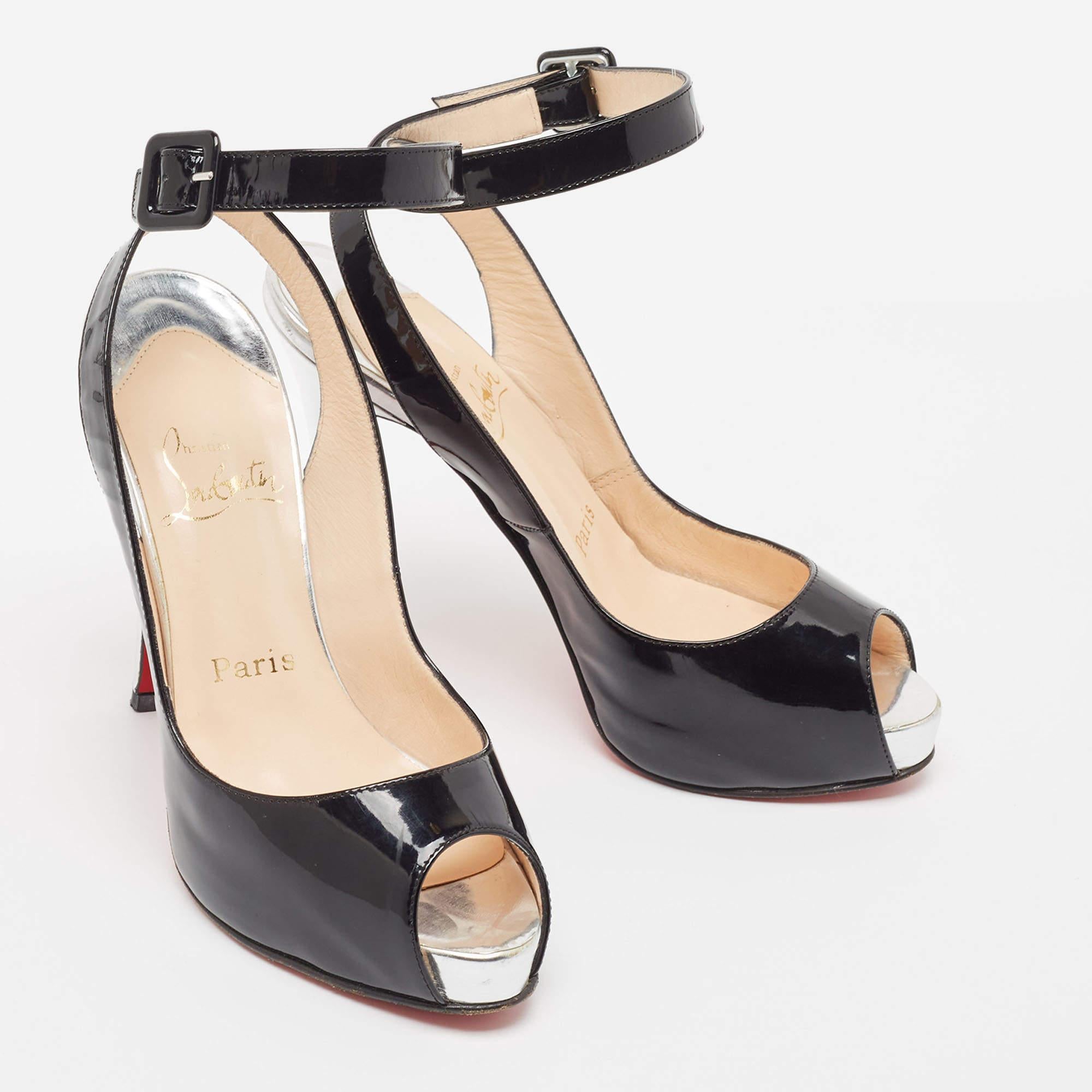 Christian Louboutin Black Patent Private Number Peep Toe Slingback Pumps Size 36 For Sale 1