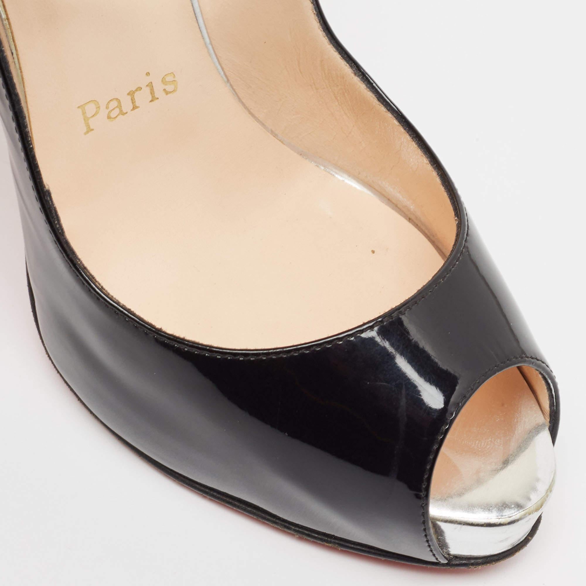Christian Louboutin Black Patent Private Number Peep Toe Slingback Pumps Size 36 For Sale 3