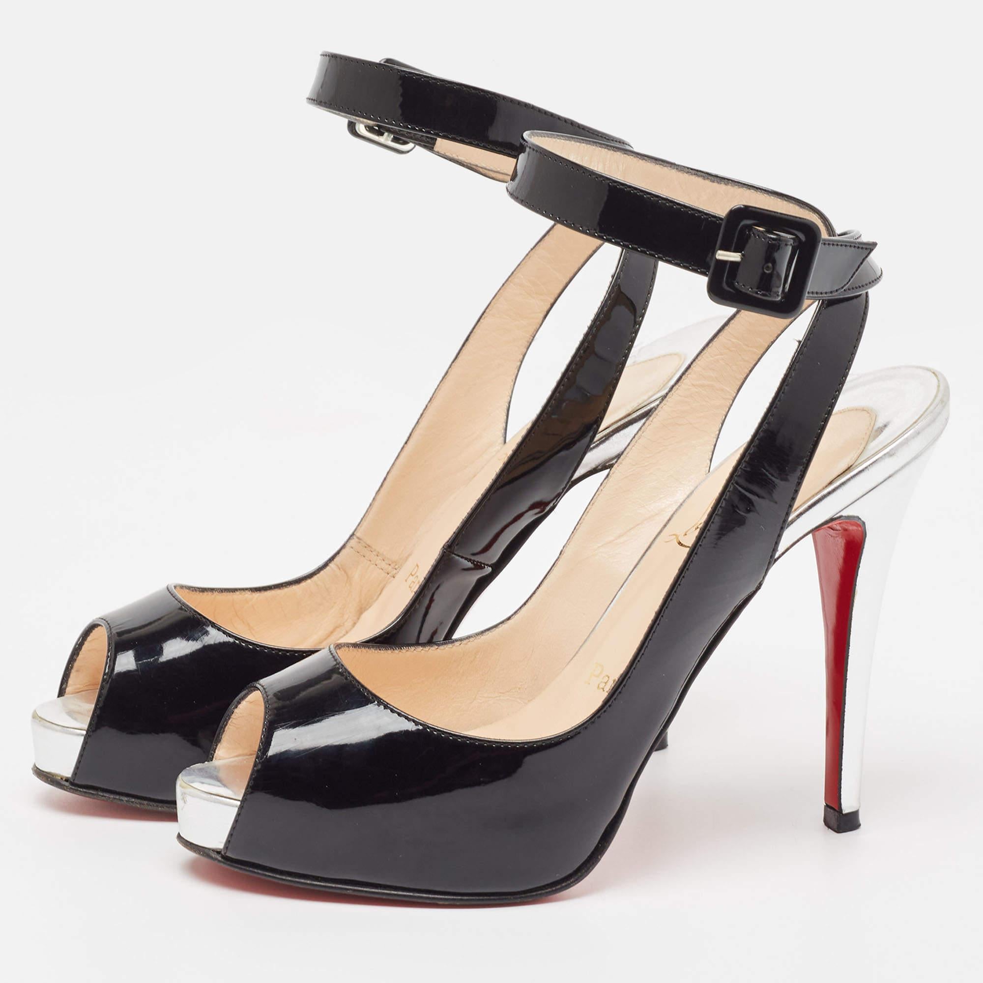 Christian Louboutin Black Patent Private Number Peep Toe Slingback Pumps Size 36 For Sale 4
