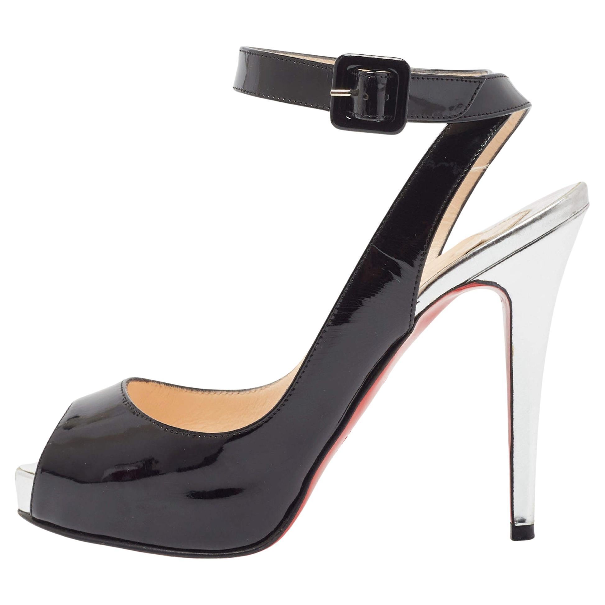 Christian Louboutin Black Patent Private Number Peep Toe Slingback Pumps Size 36 For Sale