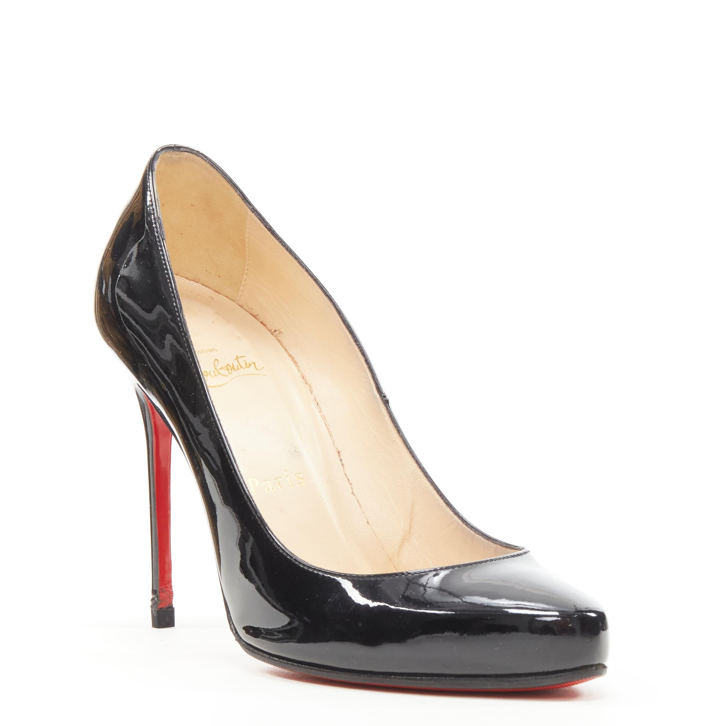 CHRISTIAN LOUBOUTIN black patent rounded point classic stiletto pump EU38.5 
Reference: KEDG/A00129 
Brand: Christian Louboutin 
Material: Patent Leather 
Color: Black 
Pattern: Solid 
Extra Detail: Rounded point toe. Stiletto heel. 
Made in: Italy