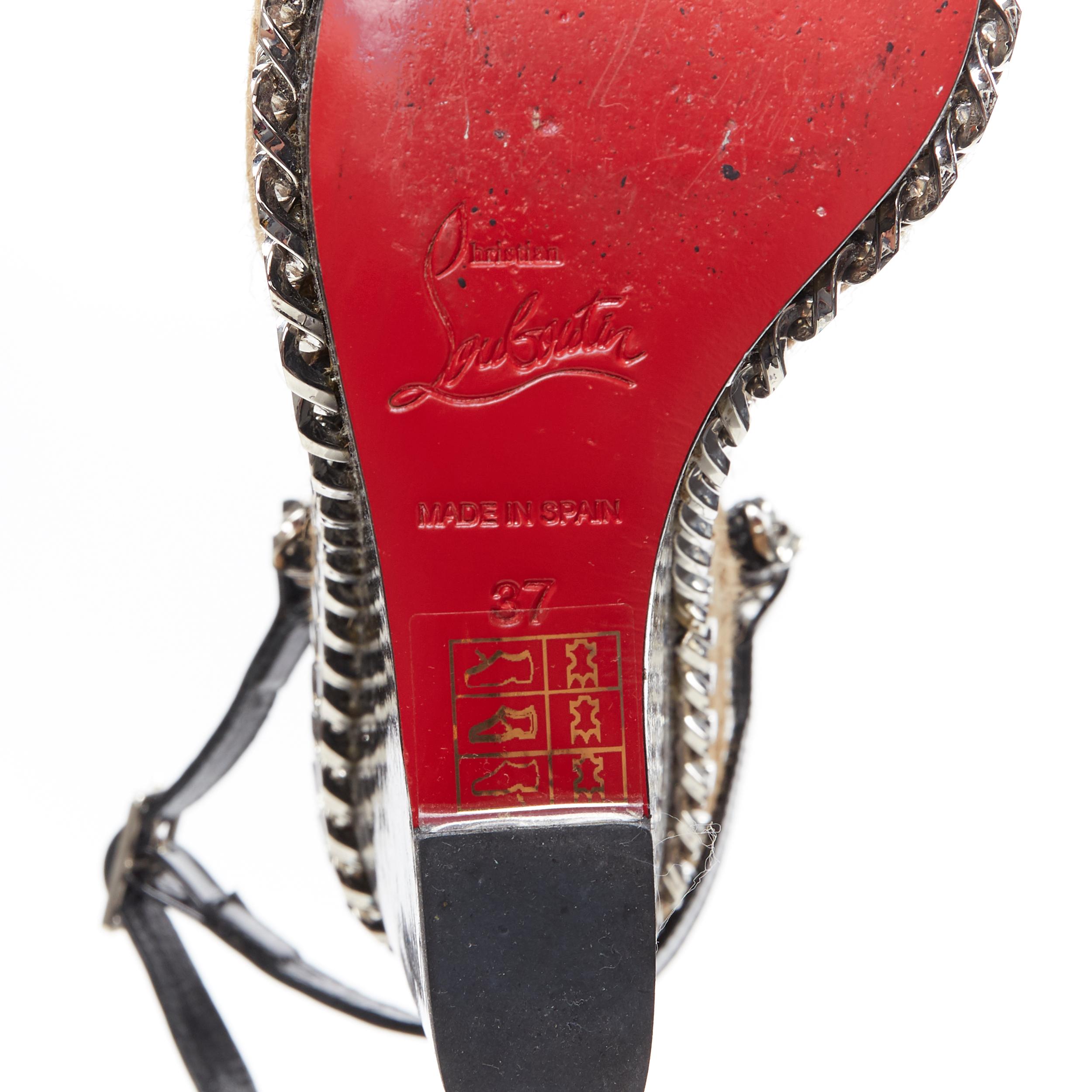 CHRISTIAN LOUBOUTIN black patent silver chain trimmed espadrille wedge EU37 4