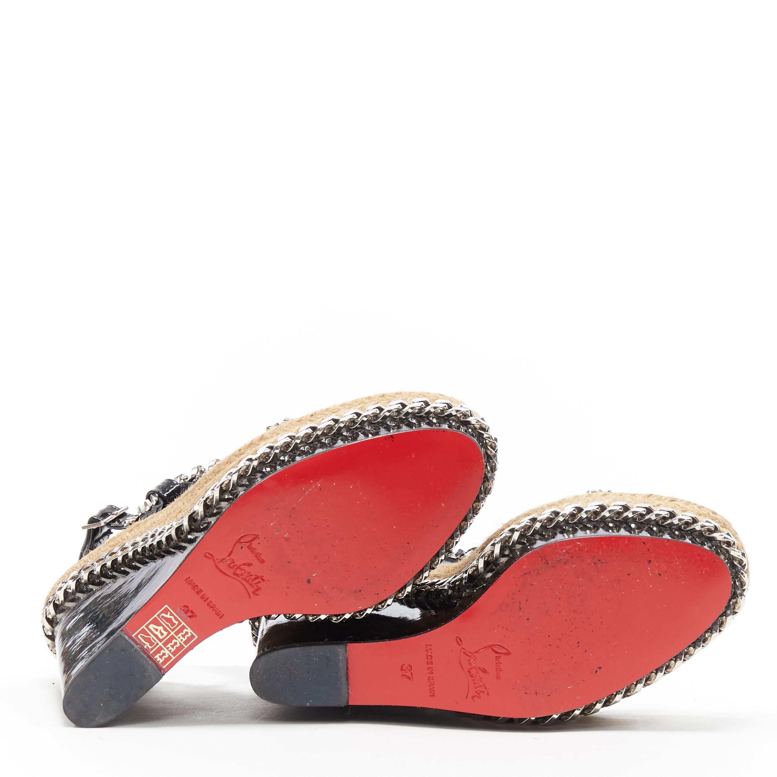 Black CHRISTIAN LOUBOUTIN black patent silver chain trimmed espadrille wedge EU37