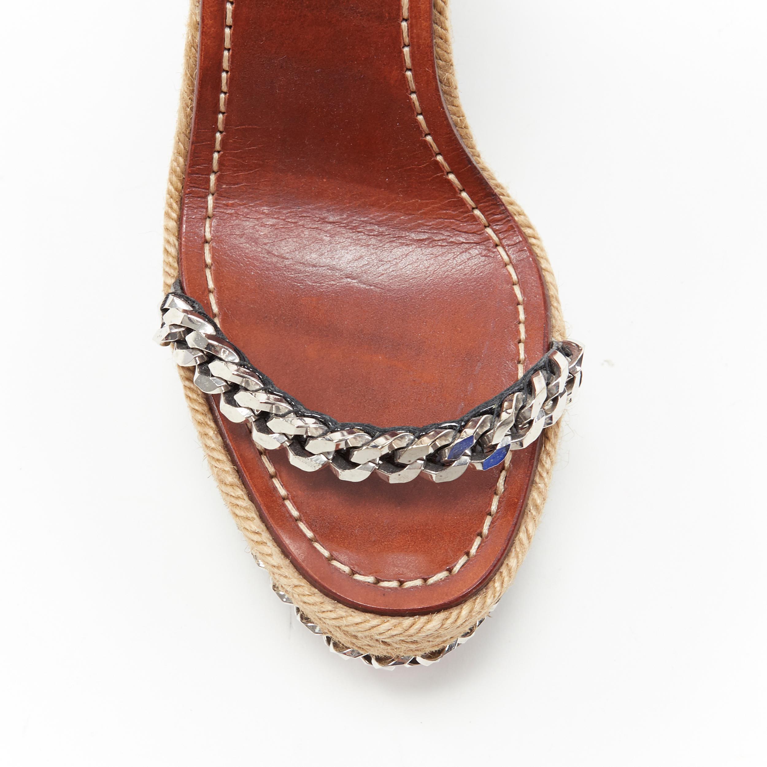 CHRISTIAN LOUBOUTIN black patent silver chain trimmed espadrille wedge EU37 In Excellent Condition In Hong Kong, NT