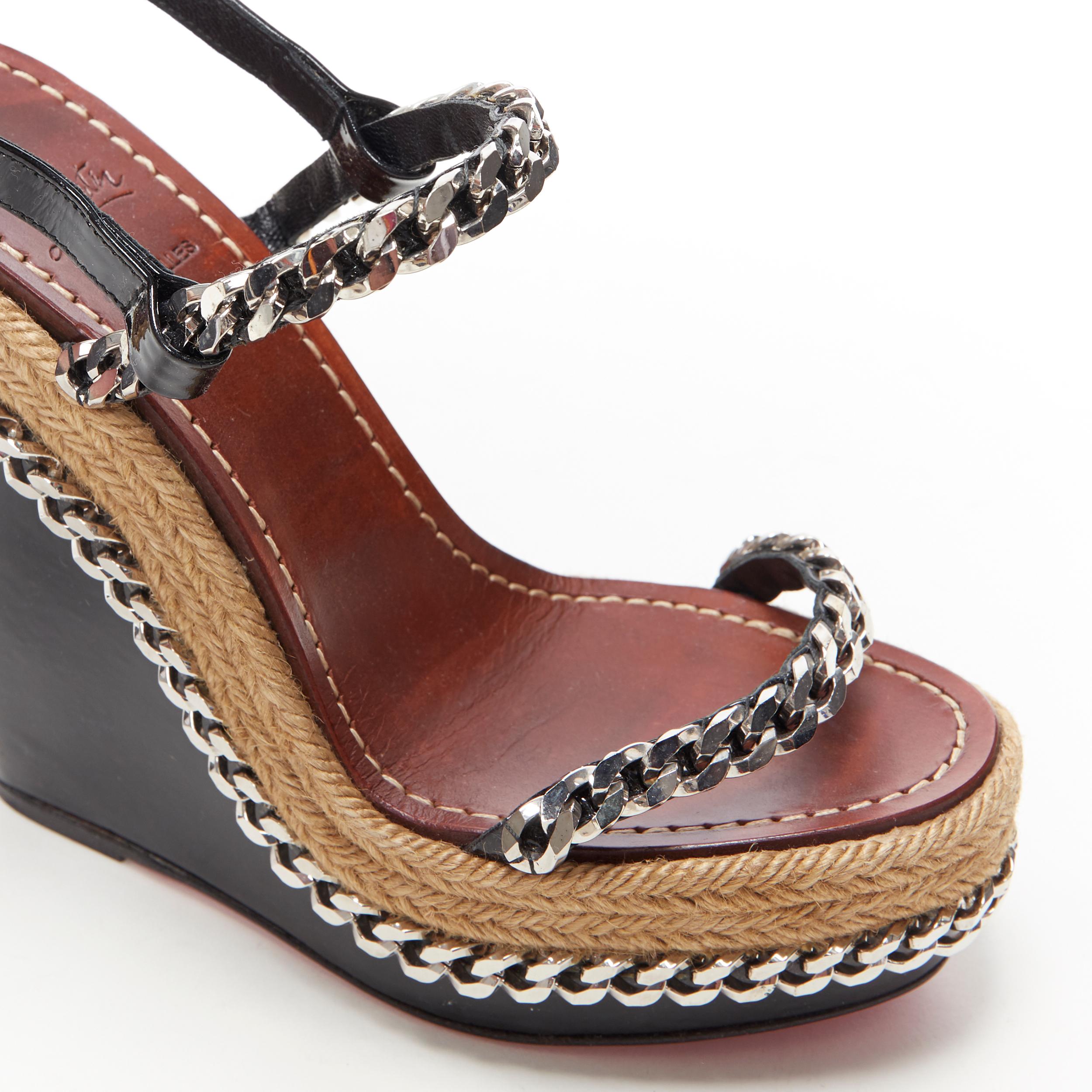 Women's CHRISTIAN LOUBOUTIN black patent silver chain trimmed espadrille wedge EU37