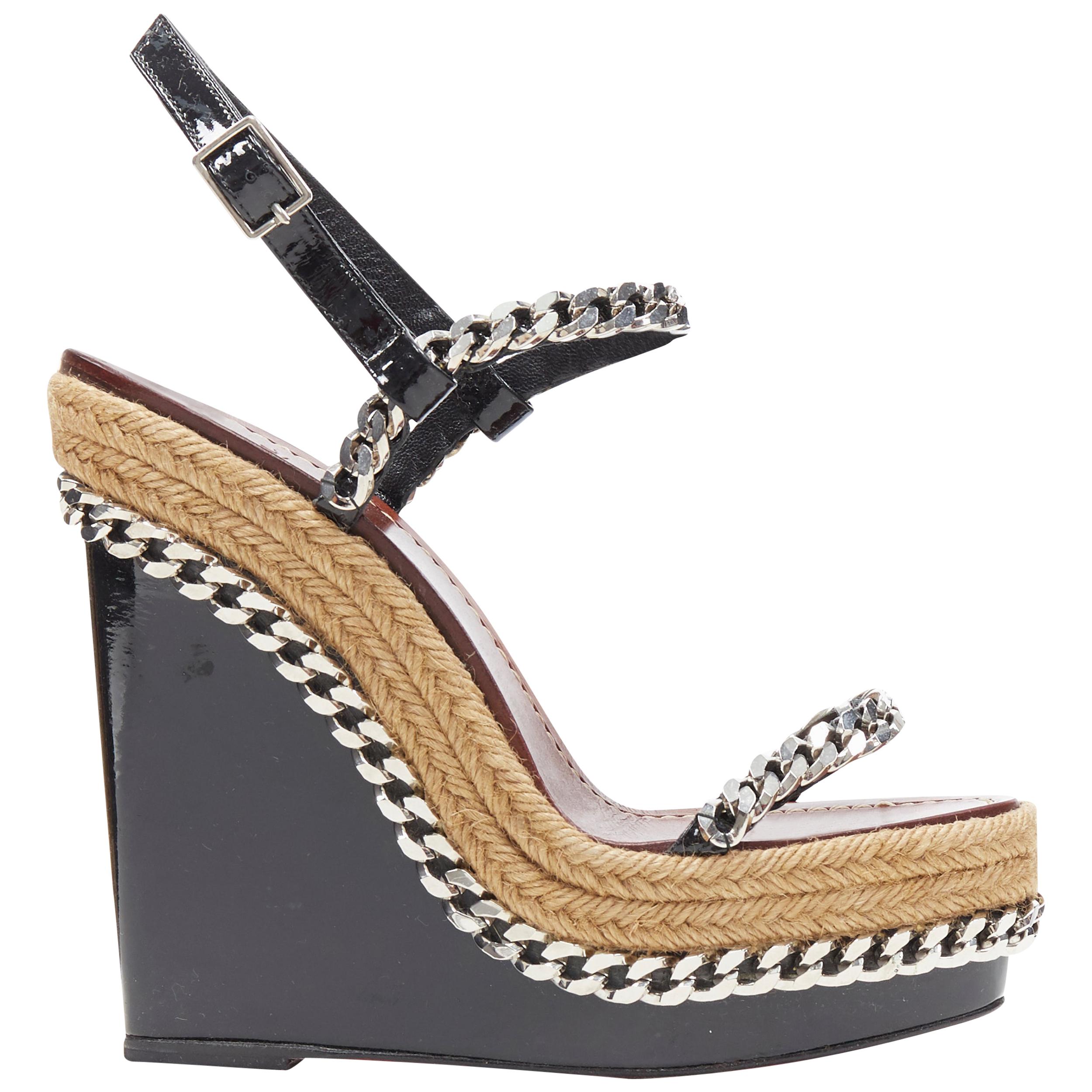 CHRISTIAN LOUBOUTIN black patent silver chain trimmed espadrille wedge EU37