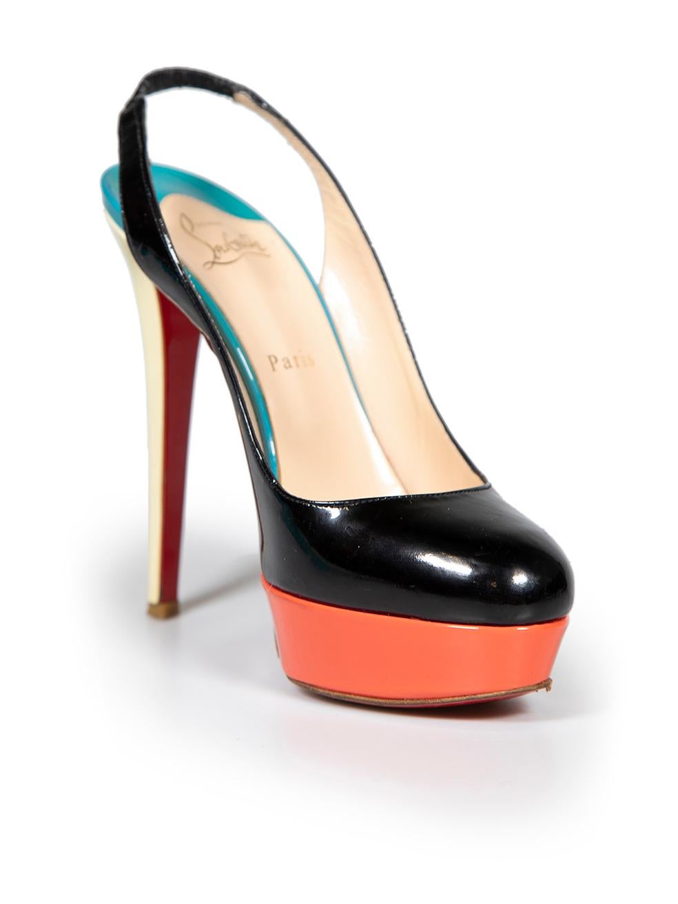 CONDITION is Good. Minor wear to pumps is evident. Light wear to insoles, and platform outsoles with marks to the patent leather. There is some cracking to the patent elastic back and moderate wear to the soles on this used Christian Louboutin