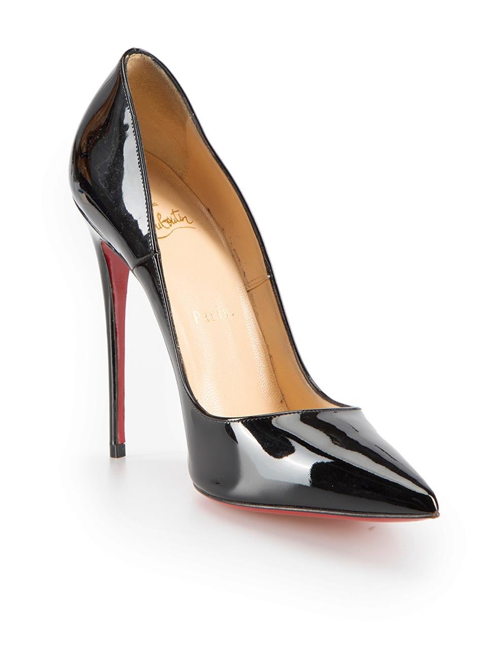 CONDITION is Very good. Hardly any visible wear to shoes is evident on this used Christian Louboutin designer resale item.
  
Details
Black
Patent leather
Pumps
Slip on
Point toe
High heeled
Signature used Christian Louboutin red outsoles
Leather