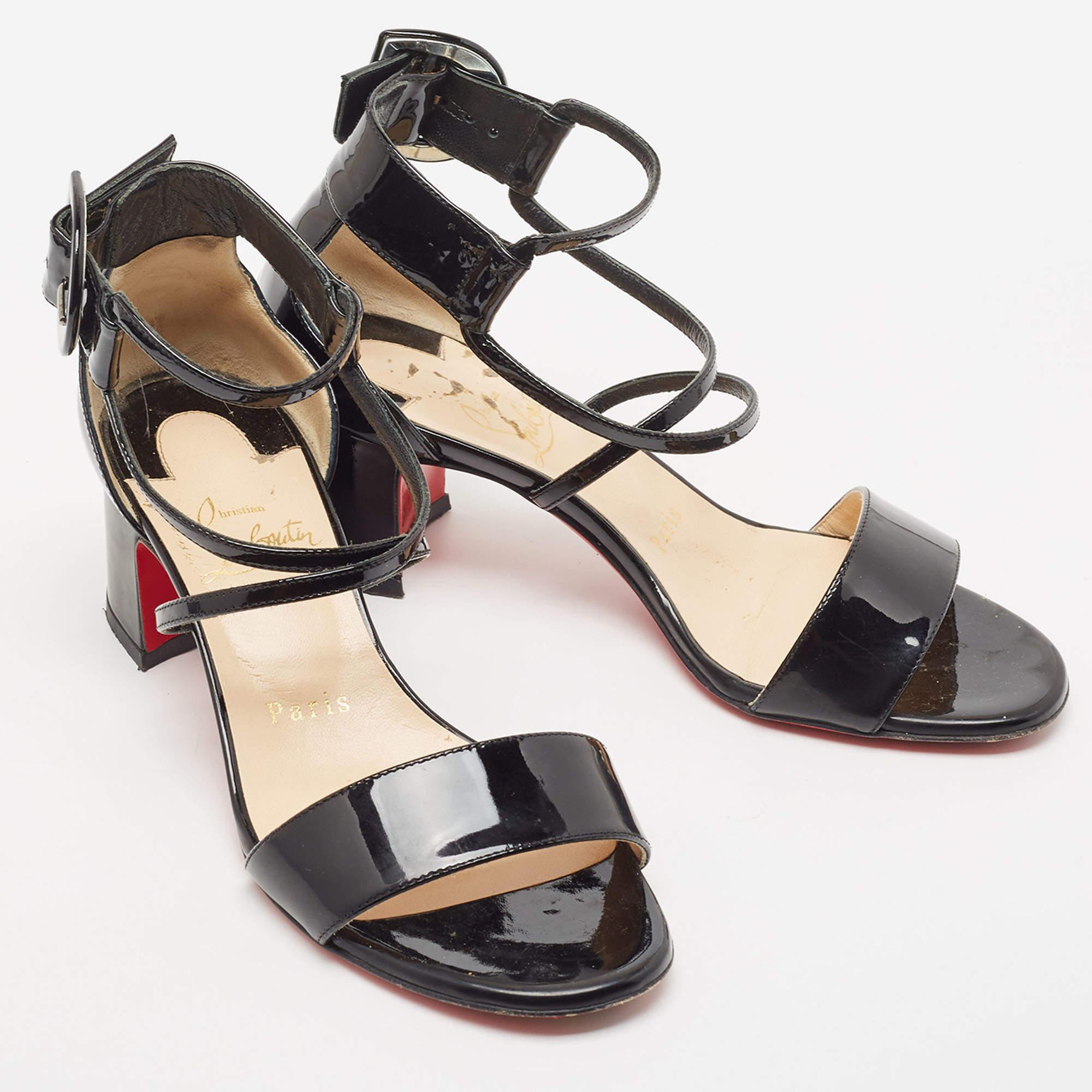 Women's Christian Louboutin Black Patent Strappy Block Heel Sandals Size 35.5 For Sale