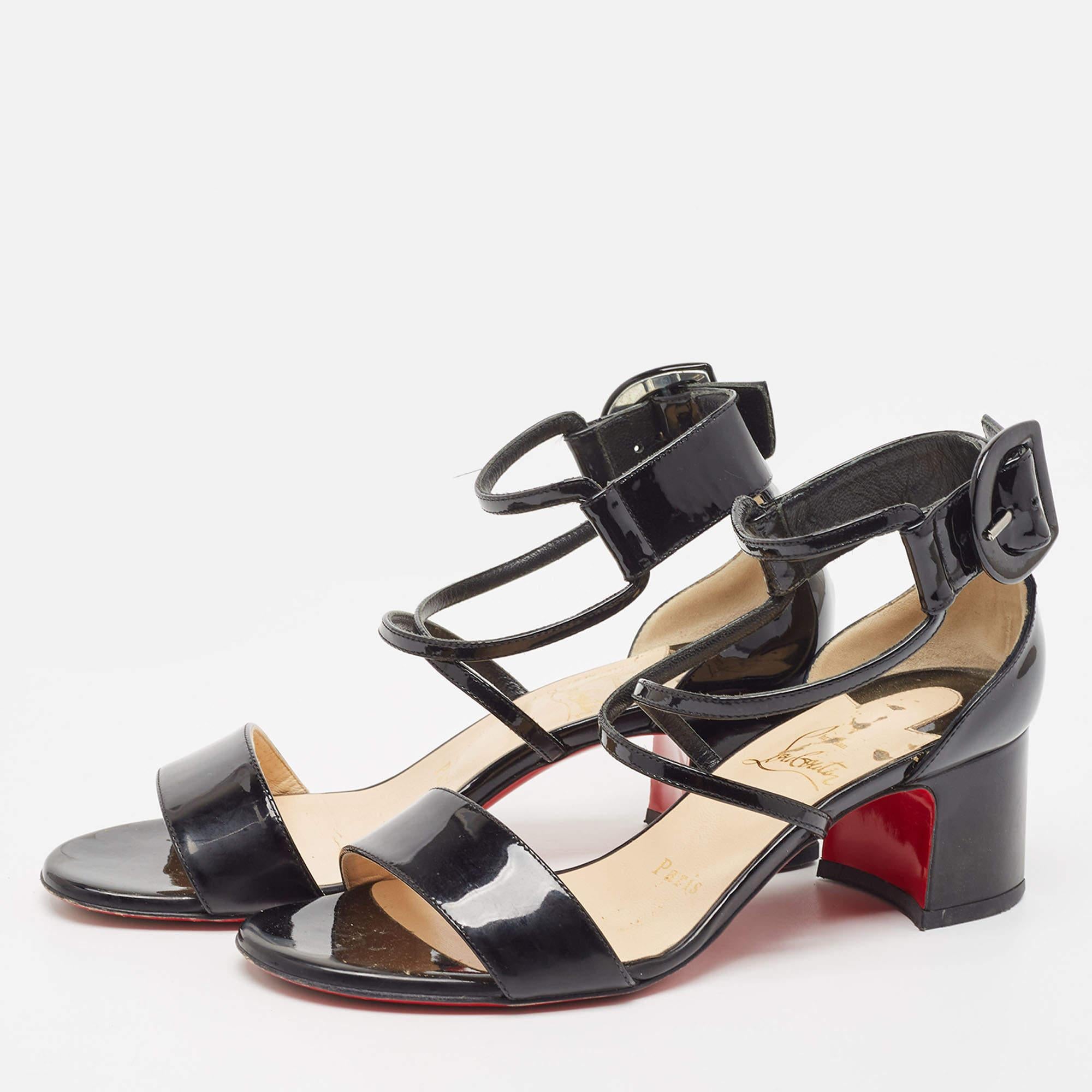 Christian Louboutin Black Patent Strappy Block Heel Sandals Size 35.5 For Sale 1