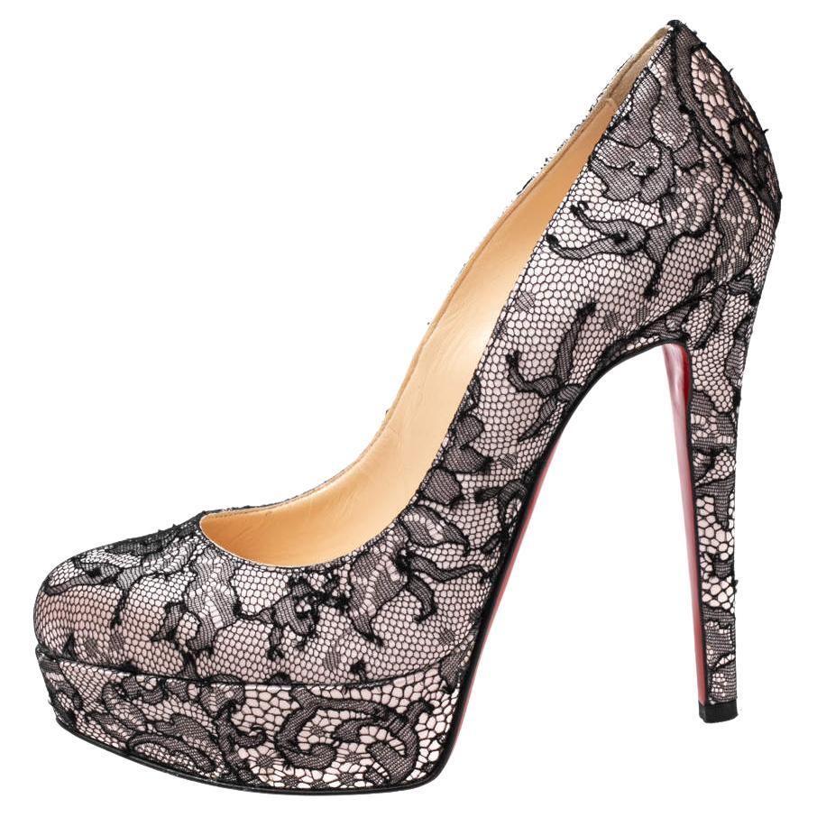 Christian Louboutin Black/Pink Lace and Satin Bianca Pumps Size 35.5 For Sale