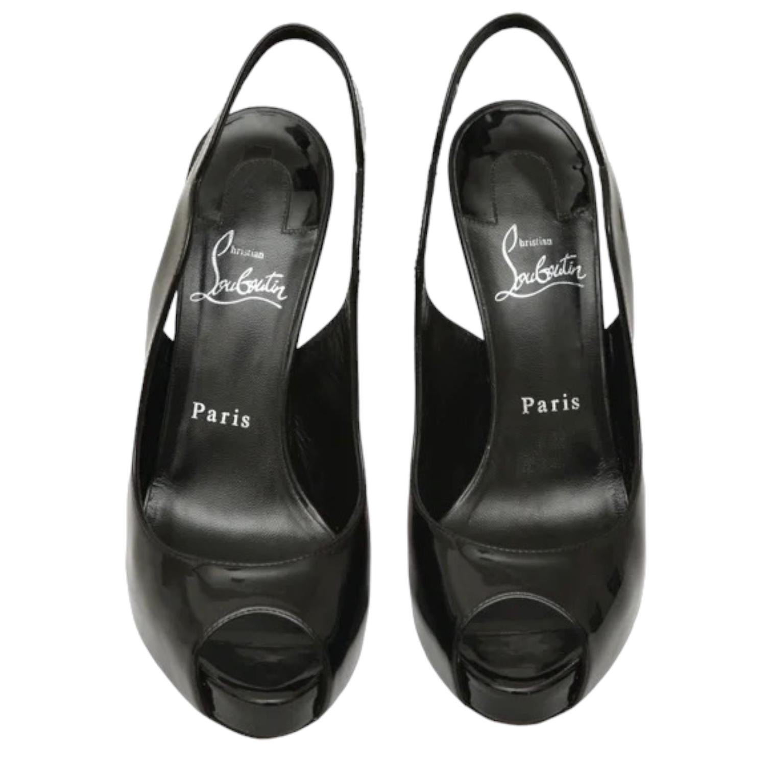 CHRISTIAN LOUBOUTIN Black Platform Heels Patent Leather Hot Chick Alter 120 37.5 For Sale 1