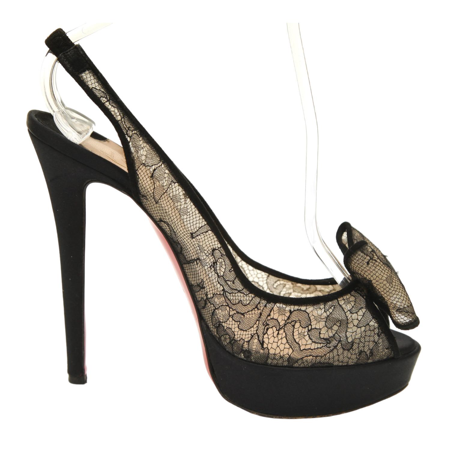 Christian Louboutin Black Satin Lace EXCLU 140 Platform Slingback Pumps

Details:
- Black satin/lace uppers.
- Peep toe.
- Bow at vamp.
- Slingback.
- Platform.
- Comes with dust bag.

Size: 38

Measurements (Approx):
- Insole 9.75