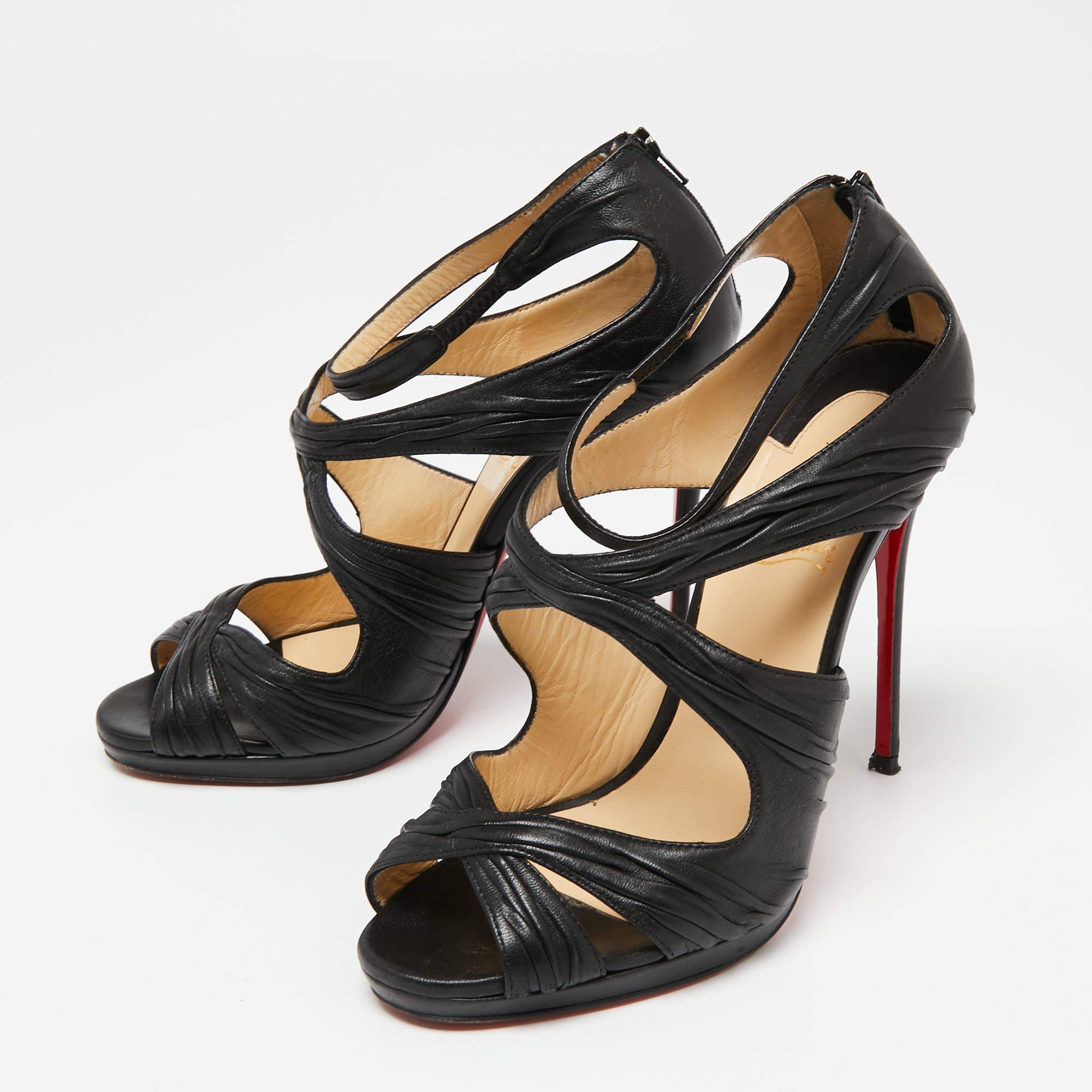 Christian Louboutin Black Pleated Leather Kashou Ankle-Strap Sandals Size 38 For Sale 1