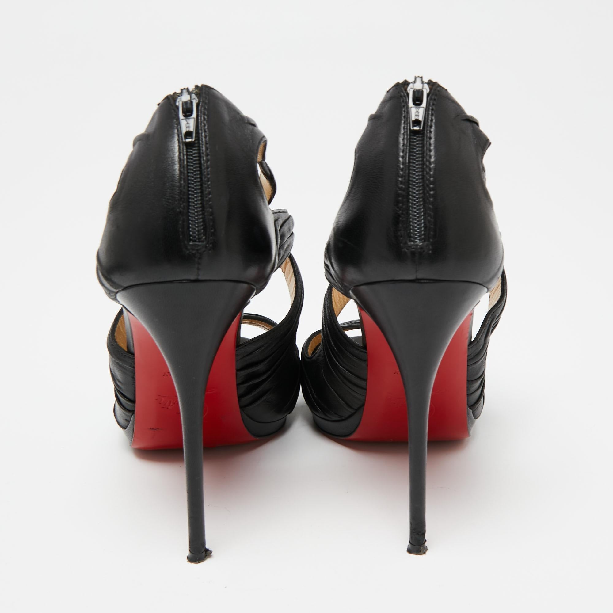 Christian Louboutin Black Pleated Leather Kashou Ankle-Strap Sandals Size 38 For Sale 2