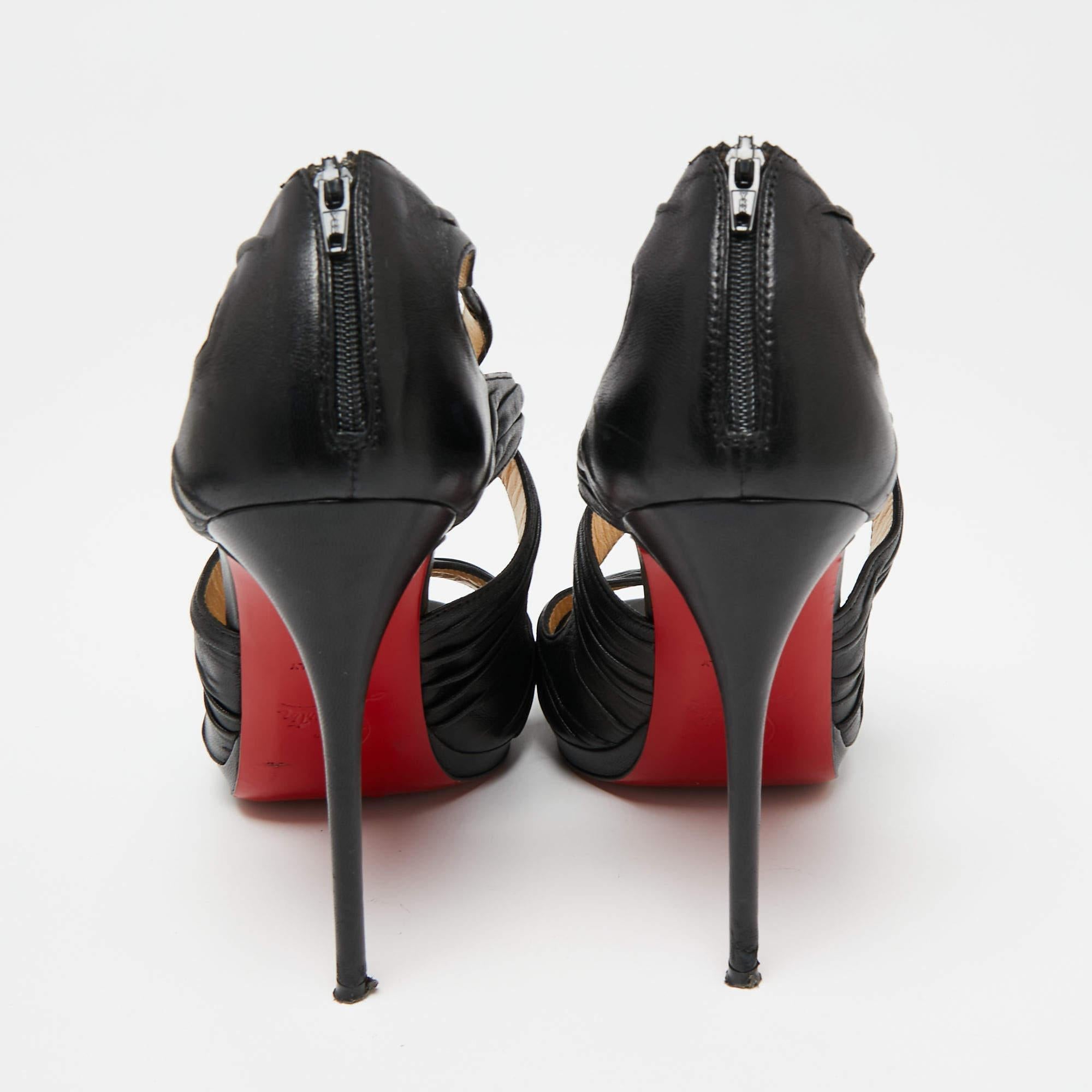Christian Louboutin Black Pleated Leather Kashou Ankle-Strap Sandals Size 38 For Sale 4