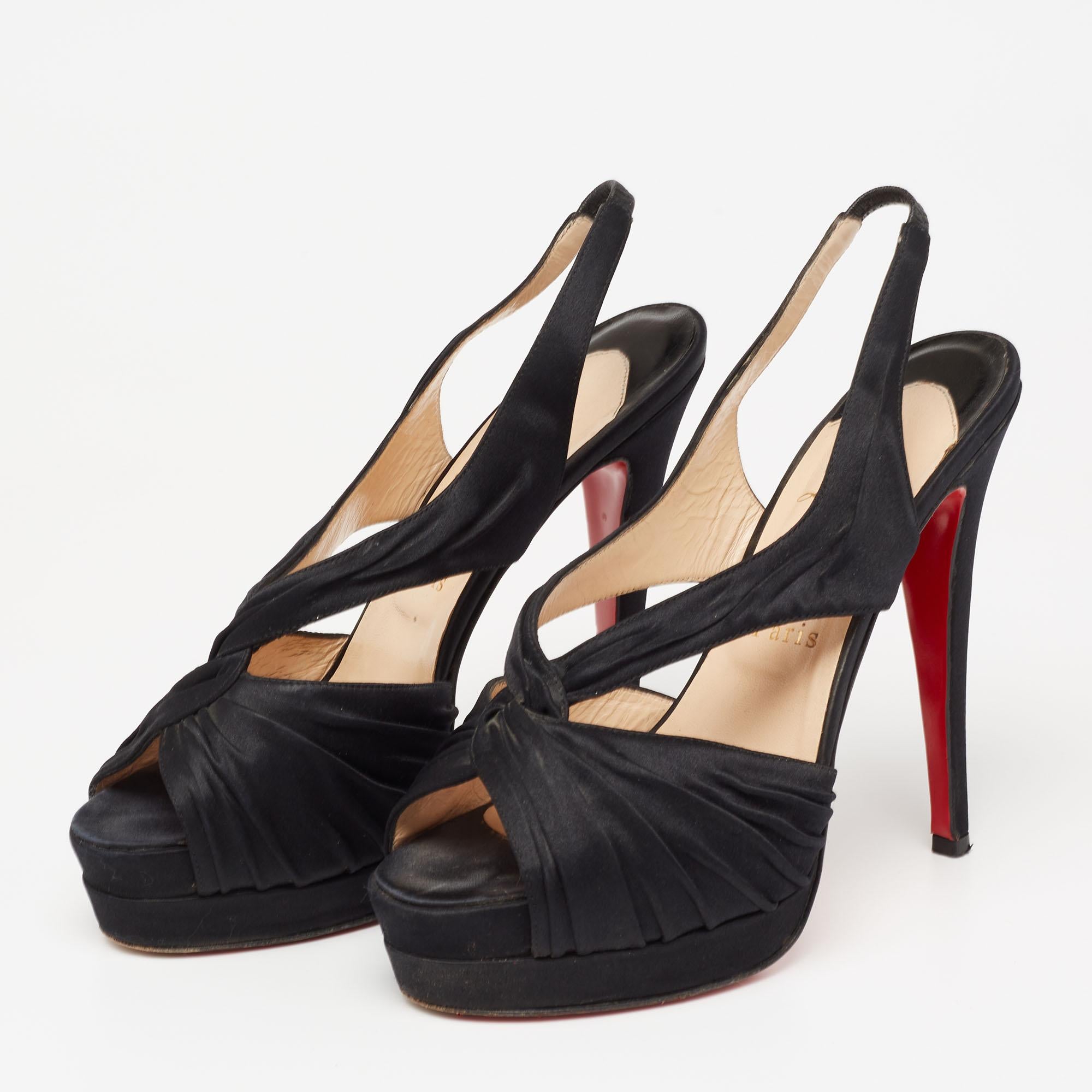 Women's Christian Louboutin Black Pleated Satin Platform Slingback Sandals Size 38 For Sale
