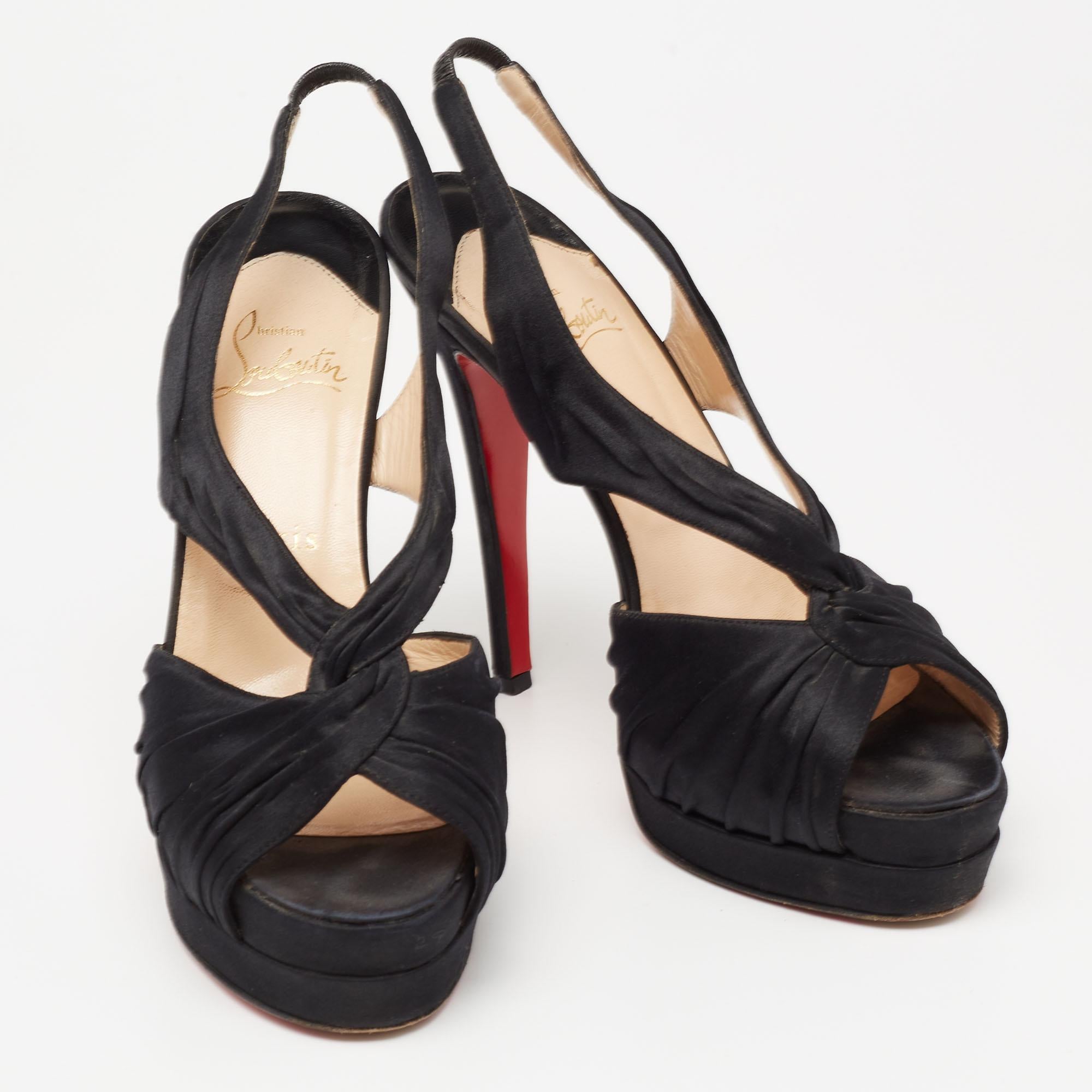 Christian Louboutin Black Pleated Satin Platform Slingback Sandals Size 38 For Sale 1