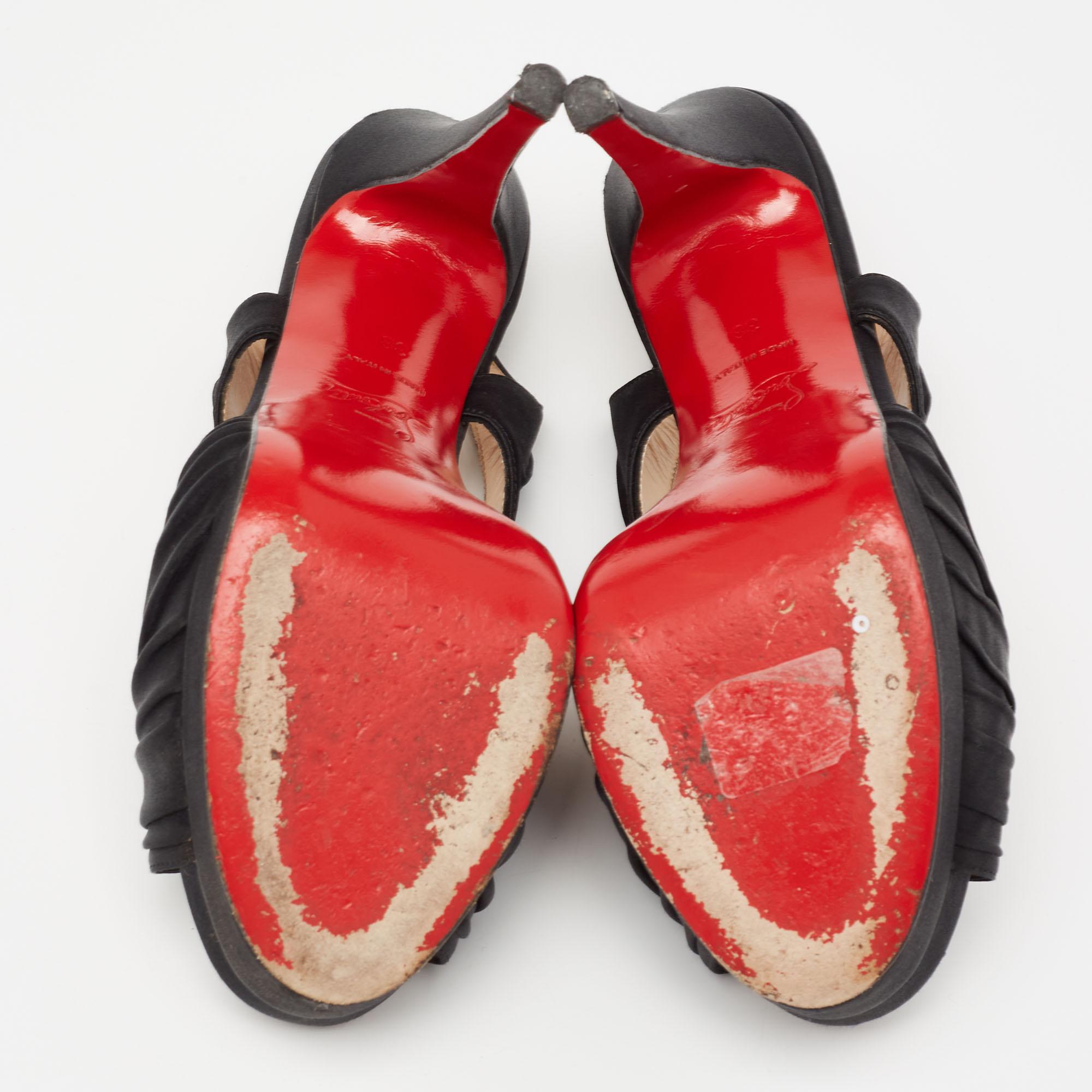 Christian Louboutin Black Pleated Satin Platform Slingback Sandals Size 38 For Sale 2