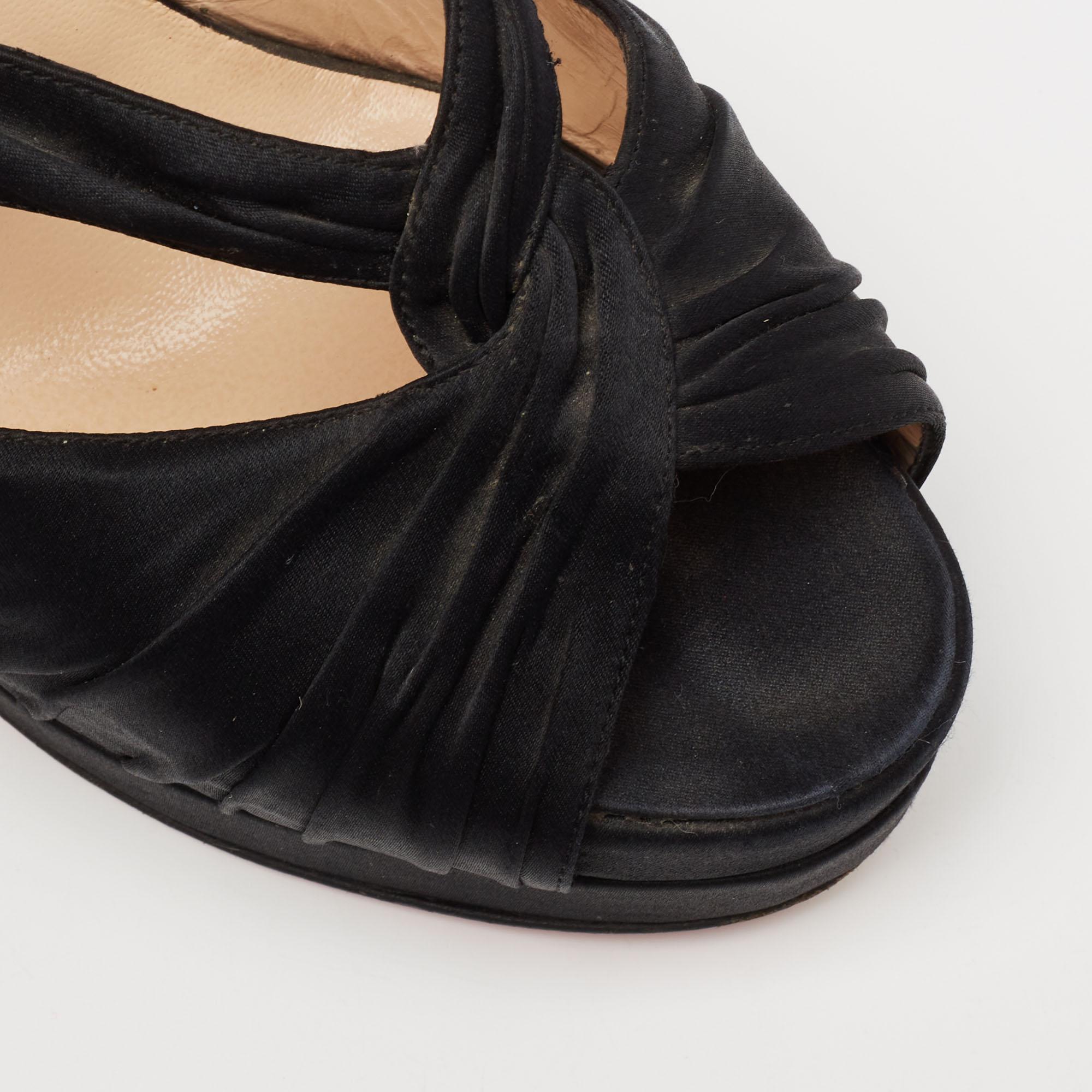 Christian Louboutin Black Pleated Satin Platform Slingback Sandals Size 38 For Sale 3