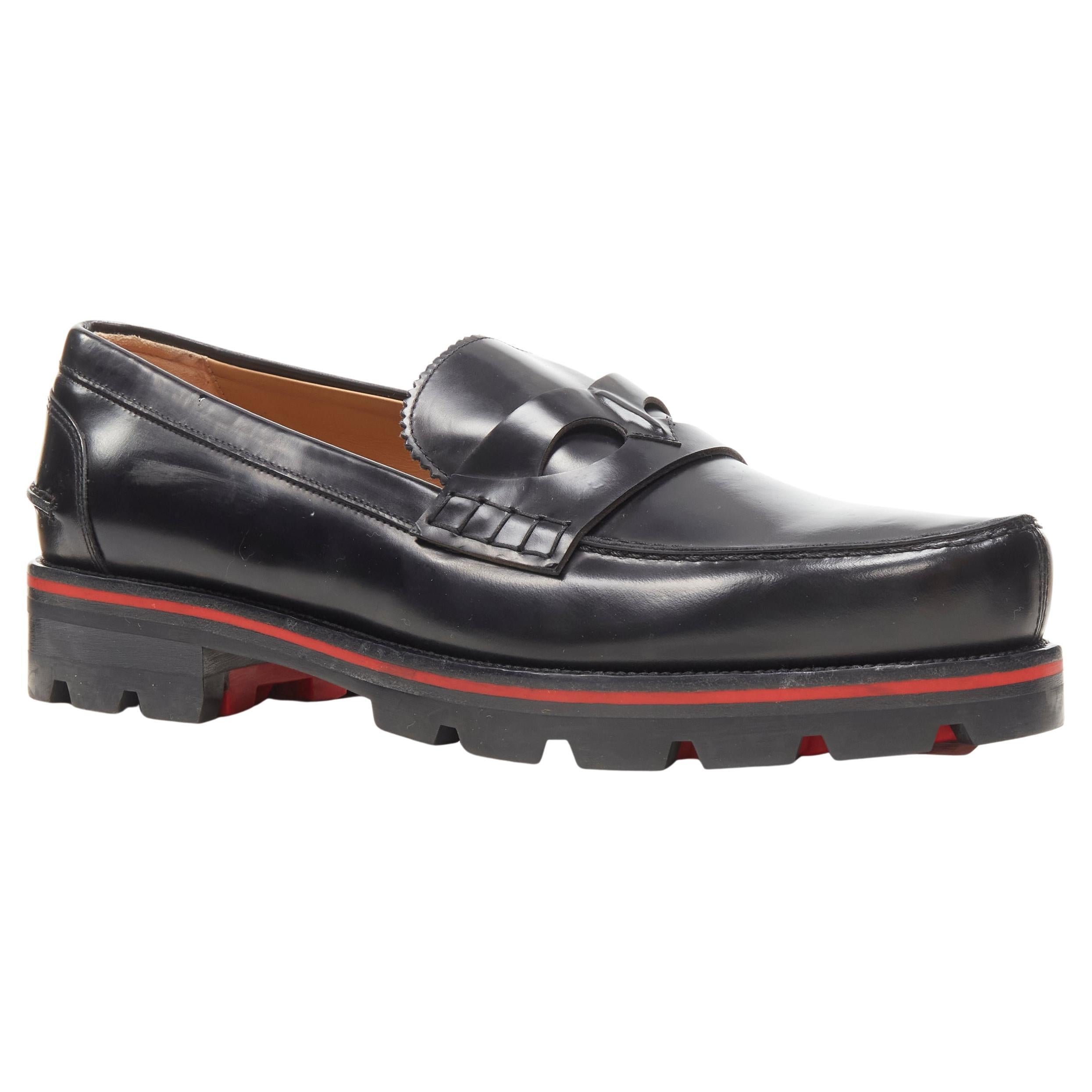 CHRISTIAN LOUBOUTIN black polished leather lug sole Penny loafer EU42