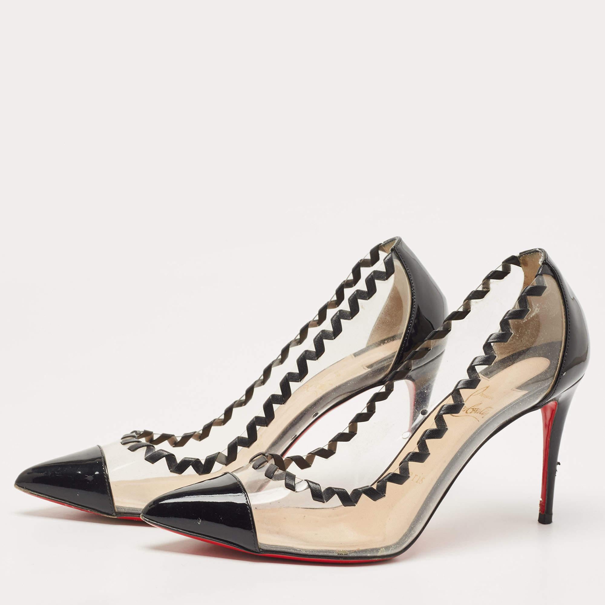 Look glamorous no matter what you wear with these beautiful pumps. These pumps are crafted from patent leather and clear PVC. These fashionable pumps from Christian Louboutin feature pointed toes, 9 cm heels and the iconic red soles.

