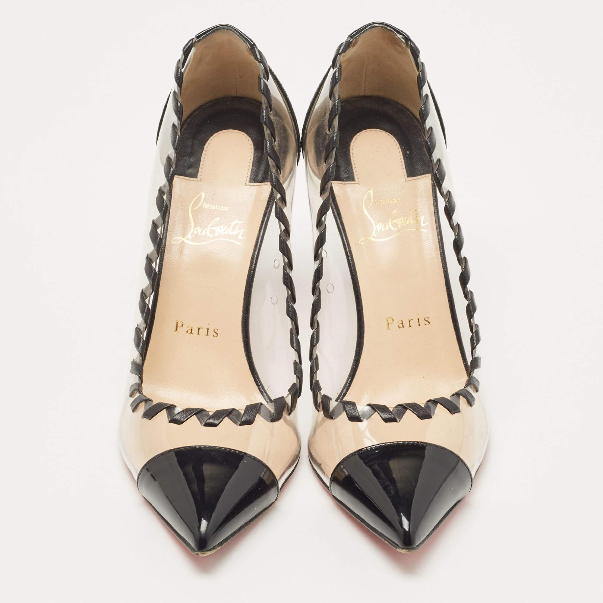 Christian Louboutin Black PVC and Patent Leather Lizabeth Pointed Toe Pumps Size In Good Condition In Dubai, Al Qouz 2