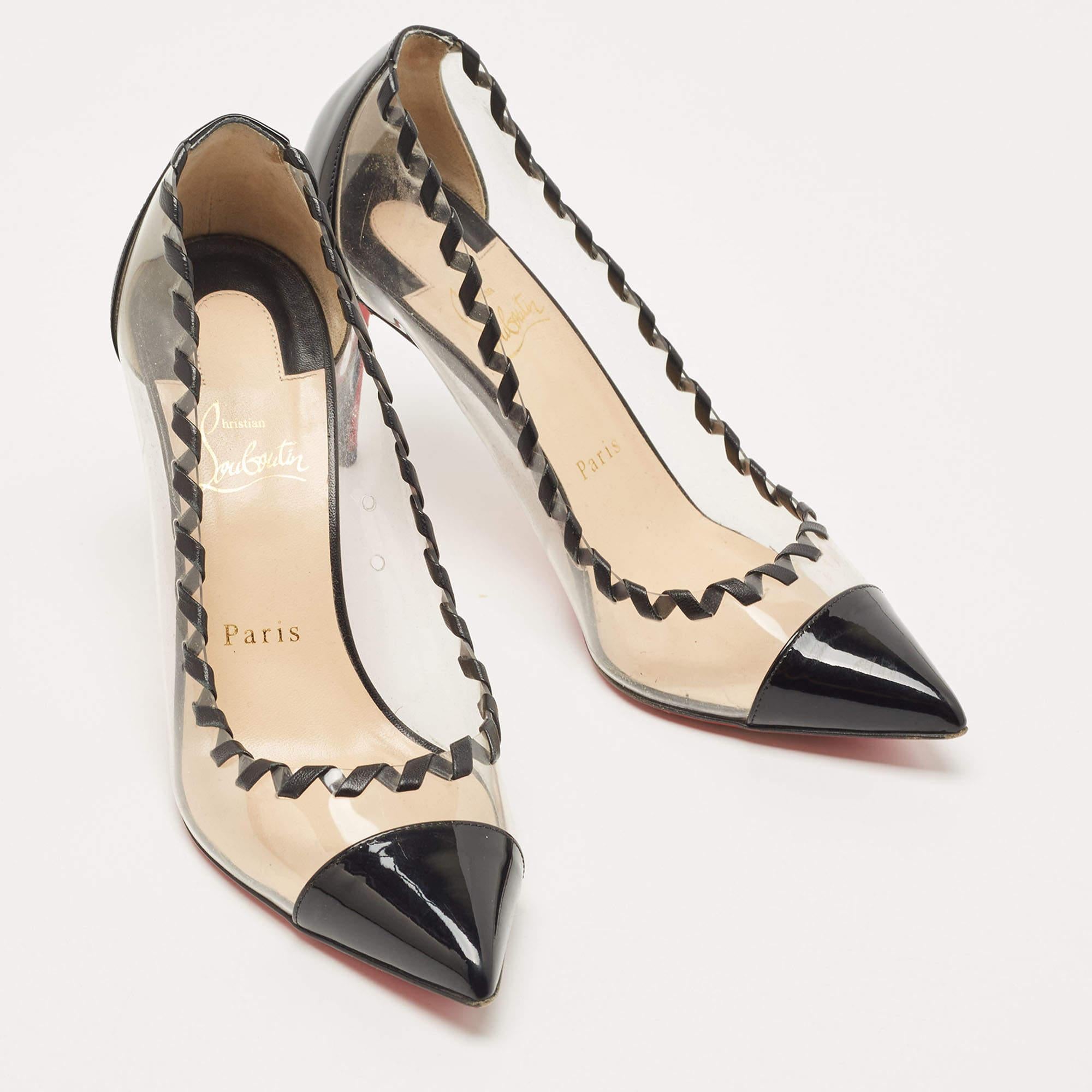 Women's Christian Louboutin Black PVC and Patent Leather Lizabeth Pointed Toe Pumps Size