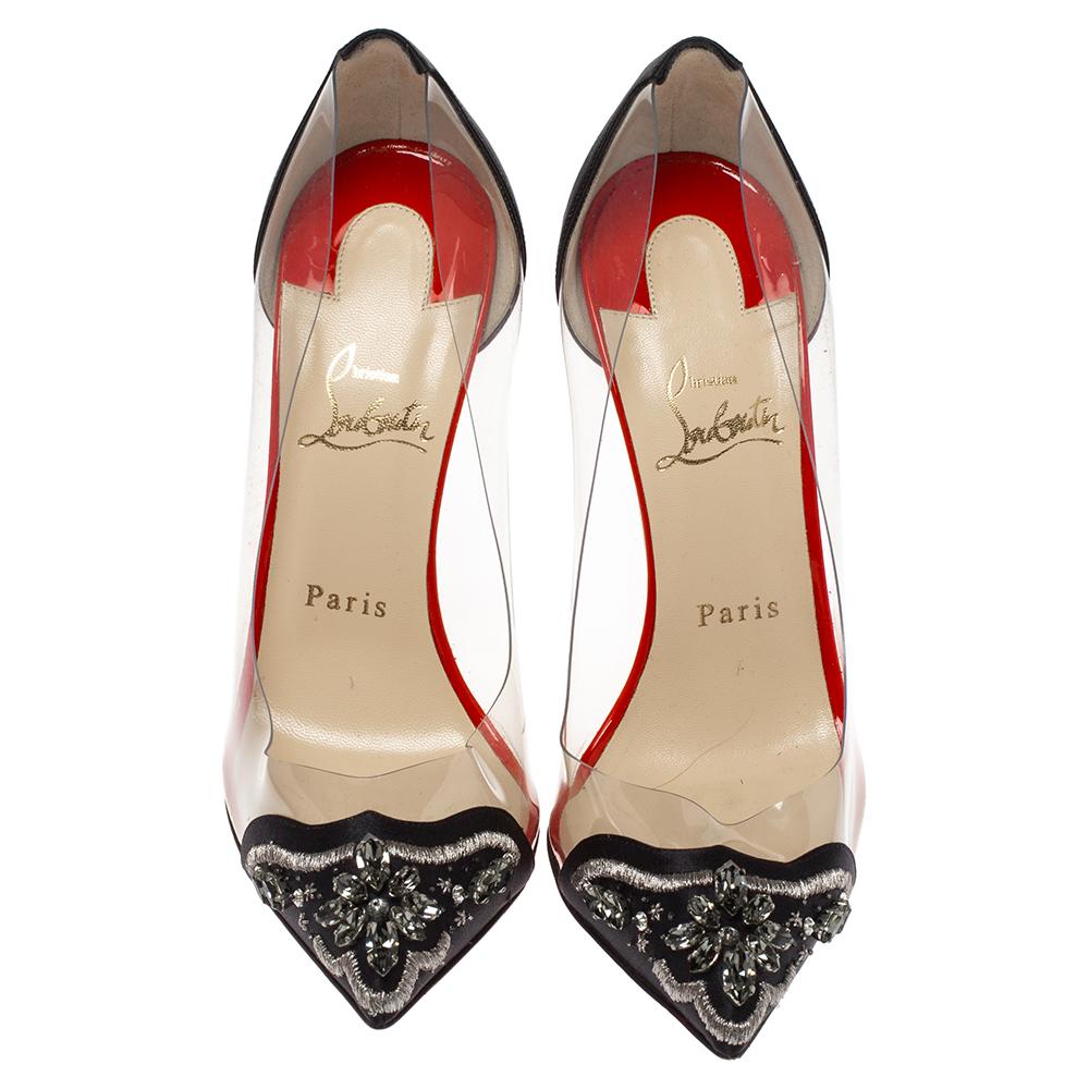 Beige Christian Louboutin Black Pvc And Satin Crystal Toe 120 Pumps Size 38