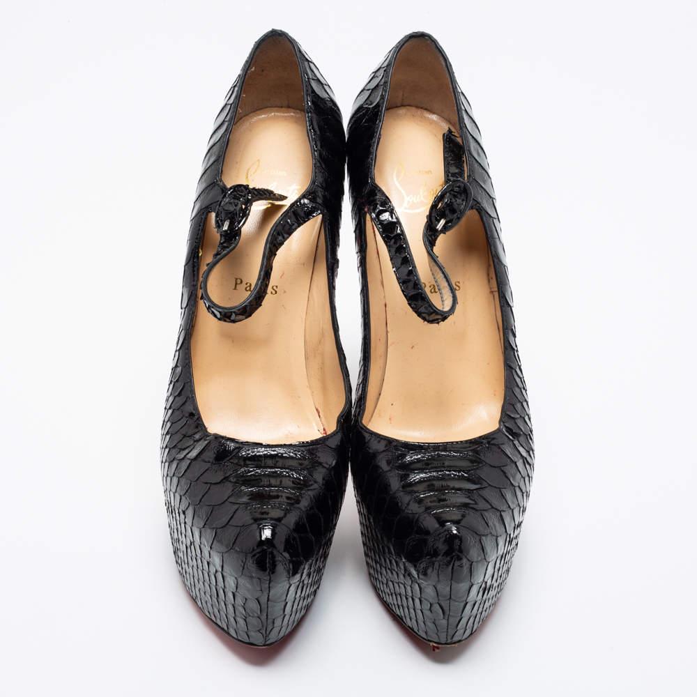 Women's Christian Louboutin Black Python Lady Daf Mary Jane Pumps Size 39.5 For Sale