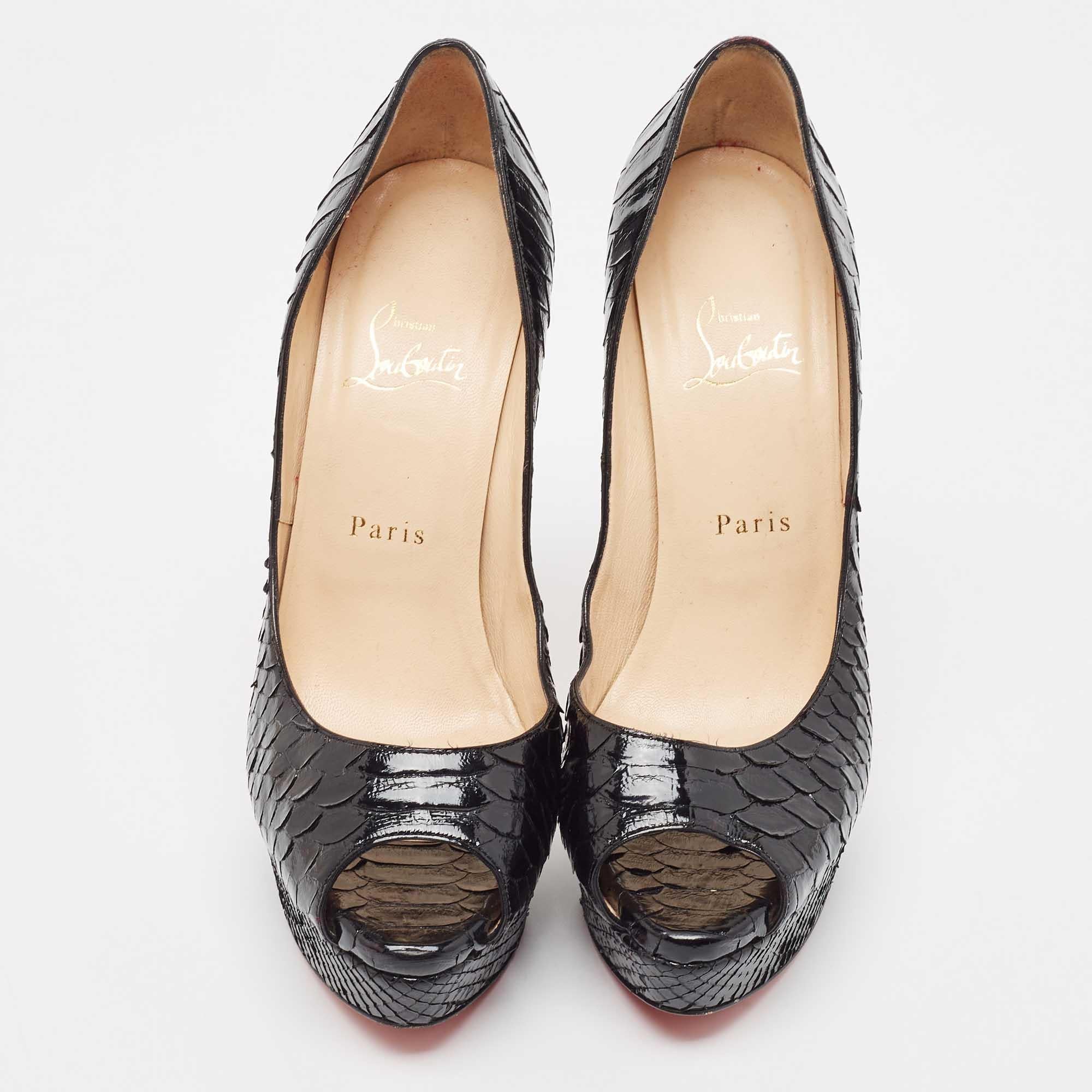 Women's Christian Louboutin Black Python Lady Peep Toe Pumps Size 39 For Sale