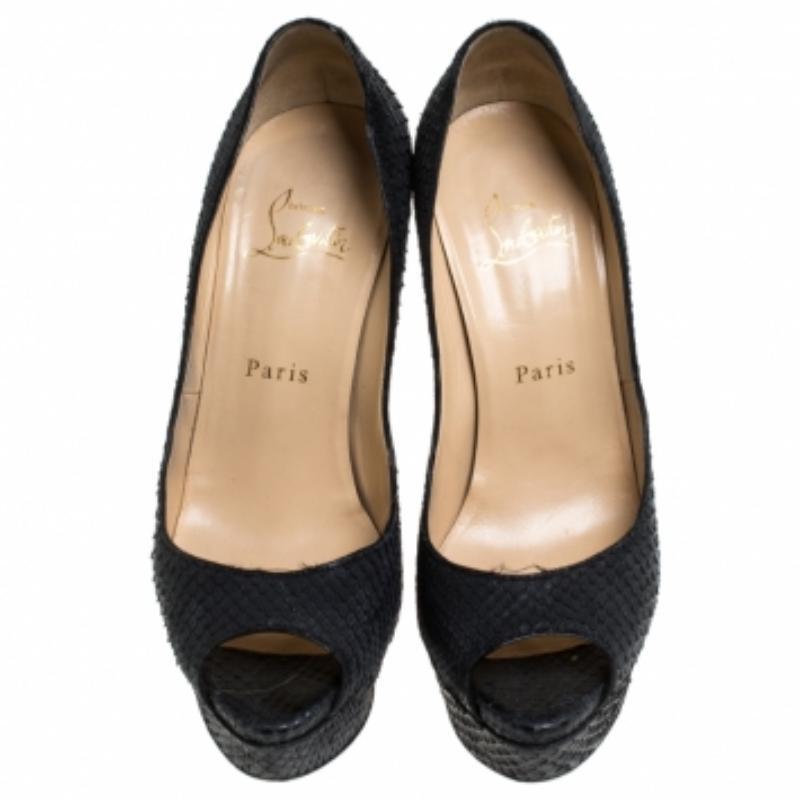 Christian Louboutin Schwarz Python Leder Lady Peep Toe Plateau Pumps Größe 37.5 Damen im Angebot