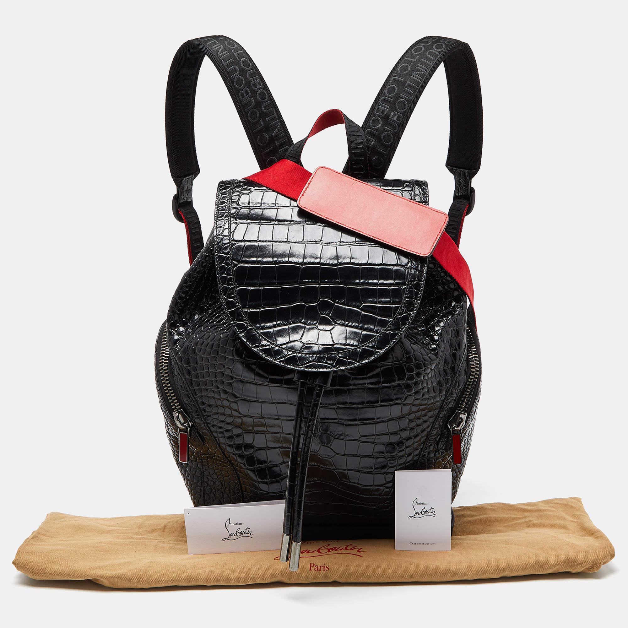 Christian Louboutin Black/Red Croc Embossed Leather and Rubber Explorafunk Backp For Sale 7