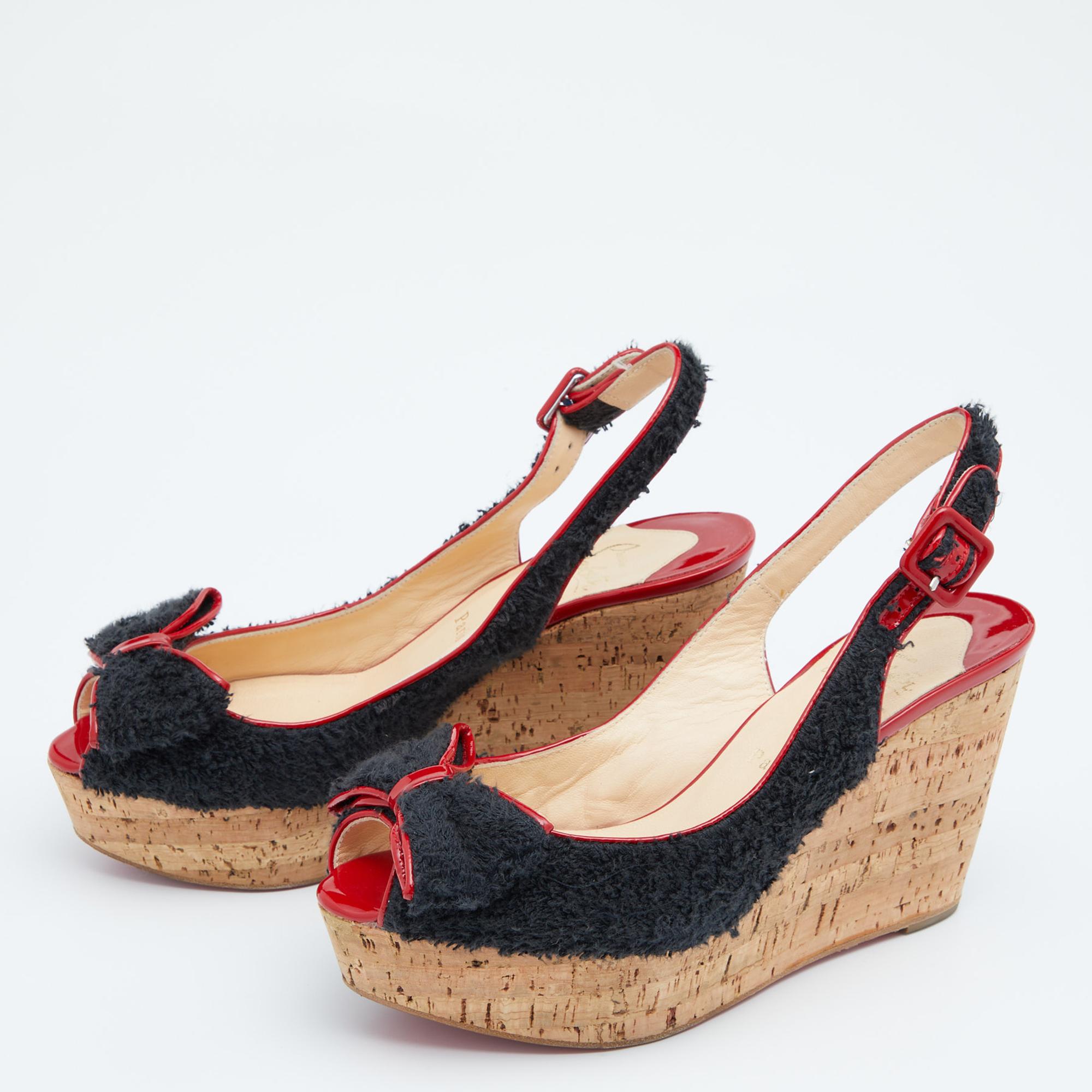 Women's Christian Louboutin Black/Red Fabric Trim Bow Cork Wedge Sandals Size 38.5