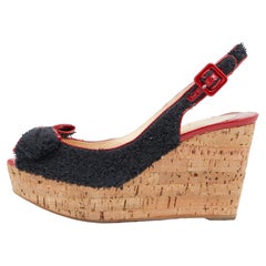 Christian Louboutin Black/Red Fabric Trim Bow Cork Wedge Sandals Size 38.5