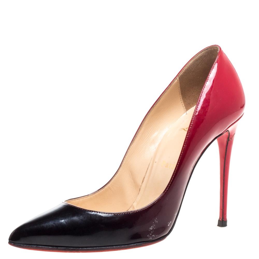 Christian Louboutin's one of the most loved styles is So Kate, named after the English model, actress, and businesswoman, Kate Moss. These So Kate pumps in black and red ombre are rendered in patent leather, flaunting well-cut vamps, pointed toes,