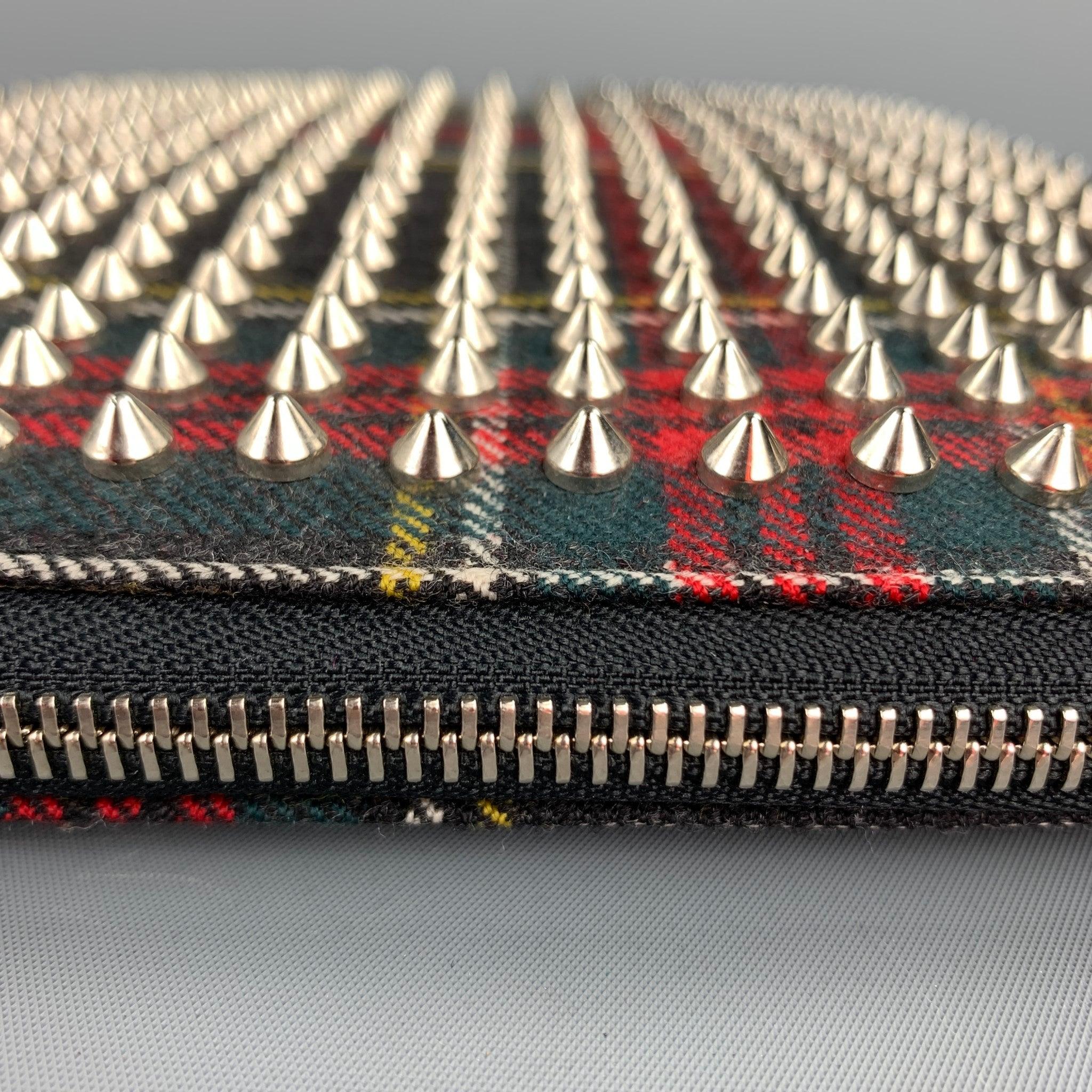 CHRISTIAN LOUBOUTIN Black & Red Plaid Canvas Spike iPad Case In Good Condition For Sale In San Francisco, CA