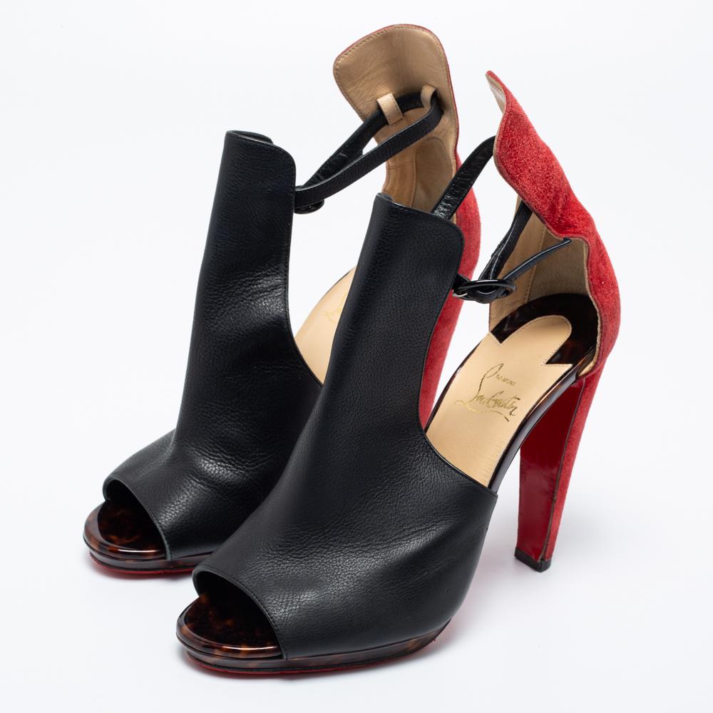 Christian Louboutin Black/Red Suede And Leather Barabara Ankle Boots Size 40 In Good Condition For Sale In Dubai, Al Qouz 2