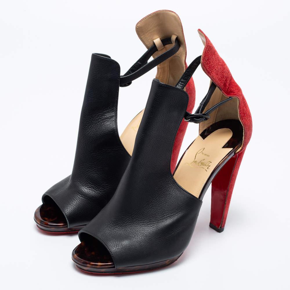 Christian Louboutin Black/Red Suede And Leather Barabara Cutout Ankle Boots Size For Sale 1