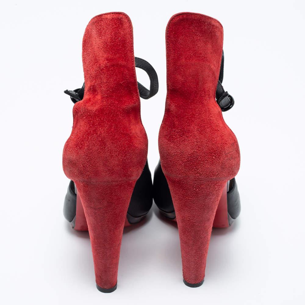 Christian Louboutin Black/Red Suede And Leather Barabara Cutout Ankle Boots Size For Sale 3