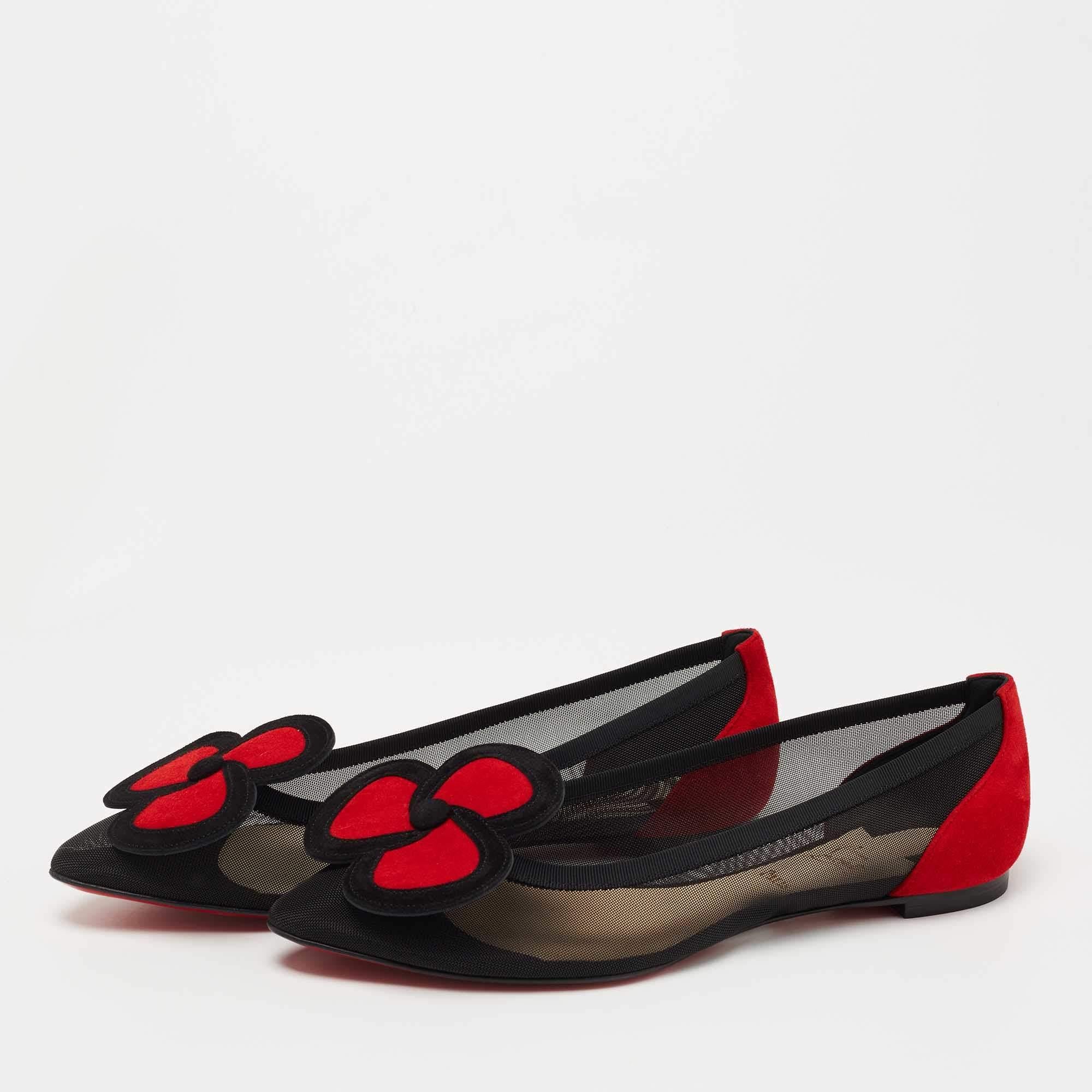 Women's Christian Louboutin Black/Red Suede and Mesh Pansy Ballet Flats Size 38