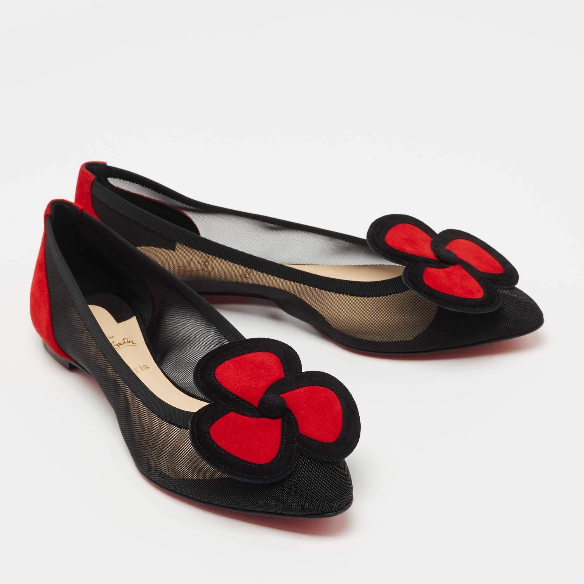 Christian Louboutin Black/Red Suede and Mesh Pansy Ballet Flats Size 38 1
