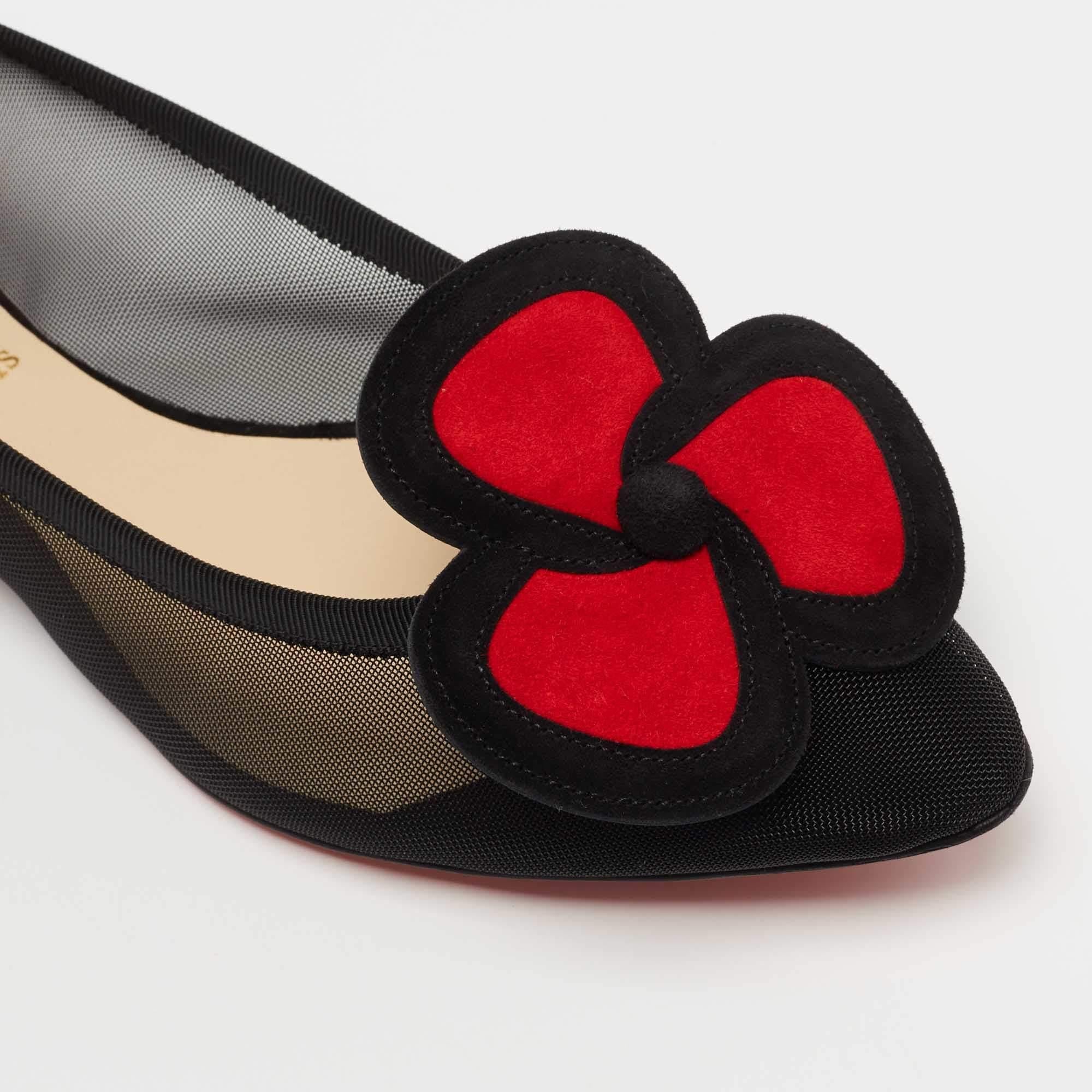 Christian Louboutin Black/Red Suede and Mesh Pansy Ballet Flats Size 38 2