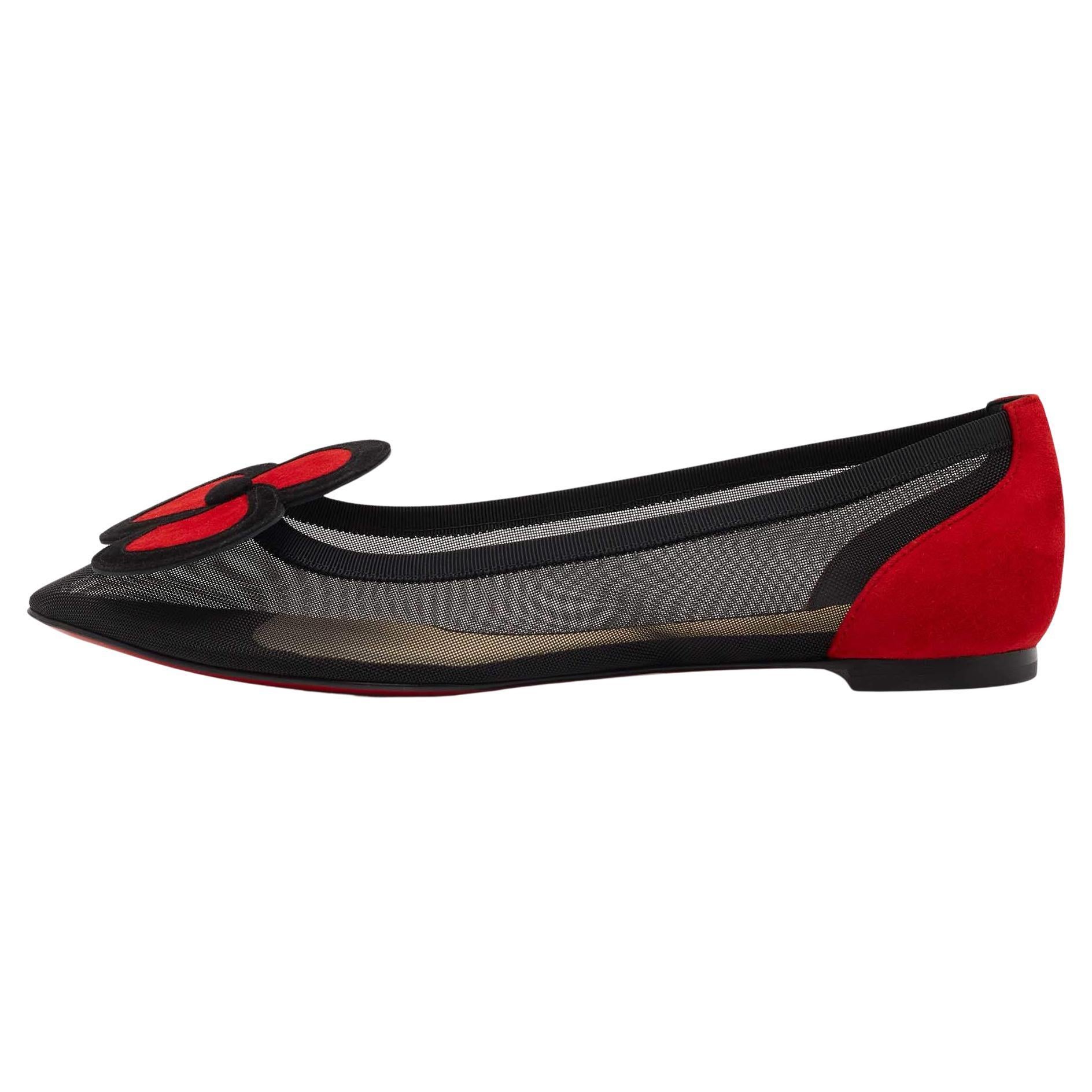 Christian Louboutin Black/Red Suede and Mesh Pansy Ballet Flats Size 38
