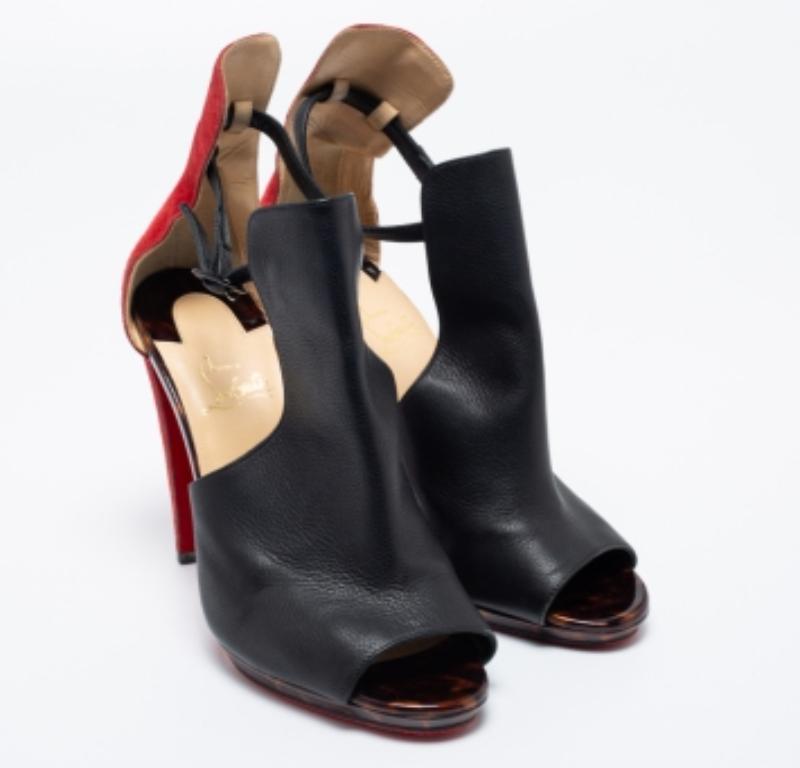 Christian Louboutin Black/Red Suede Leather Barabara Cutout Ankle Boots Size 40 For Sale 2